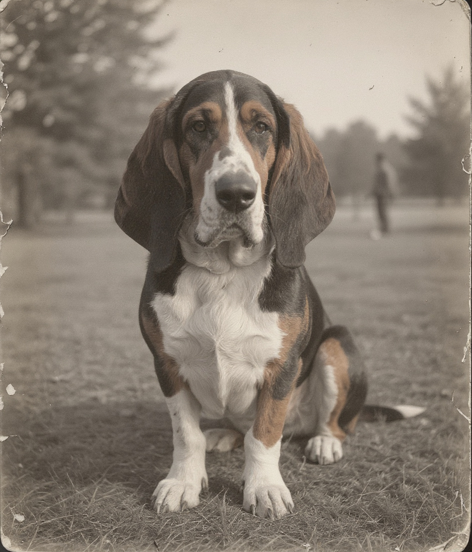 A basset hound sits alone in a sun-drenched park clearing at early morning, smoke haze softening the distant treeline to amber. Dry grass surrounds him, catalogued and considered. His bare neck catches thin light—no collar, no clasp, nothing but the precise geometry of his tricolor coat: black saddle, white chest and legs, rust-marked face. Behind him, a distant figure throws something ignored. Everything suspended in that moment between decision and motion, dignified and utterly himself.