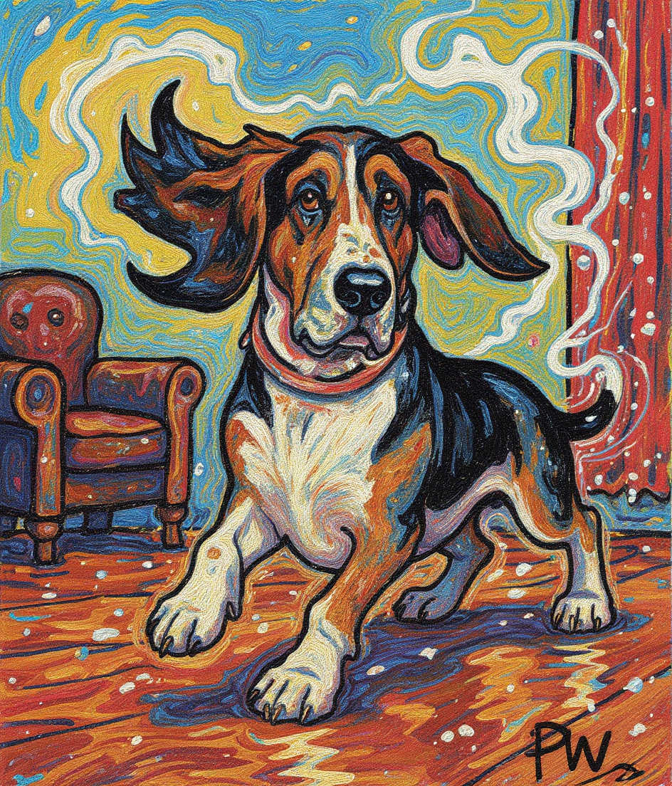A damp basset hound mid-sprint across hardwood floors, ears flying horizontal, body impossibly animated. Behind him, a worn sofa where another dog watches with knowing skepticism. Soap-scented steam rises in thick Neo-Expressionist swirls—blues and yellows violent against ochre walls. Water droplets streak the air like brushstrokes. Everything vibrates with manic energy: the aged wood floor gleams with witness, curtains billow without wind, the very light seems electrified and unstable.