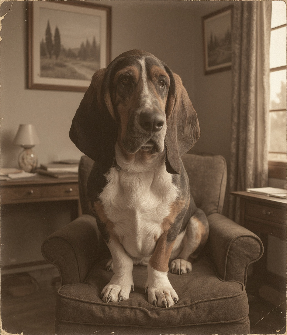 A tricolor basset hound sits on a worn studio sofa, long ears pooled beside him, watching a cluttered desk across the room. Papers and manila folders scatter beneath a warm desk lamp casting amber light through gray morning rain. The dog's melancholic gaze follows a man hunched over columns of numbers, calculator clicking softly. Outside the window, ponderosas sway in cold April wind. The cookie jar sits untouched on the desk—unprecedented. Weathered oil paintings lean against studio walls. The hound waits with patient dignity, understanding the mood without understanding the numbers.