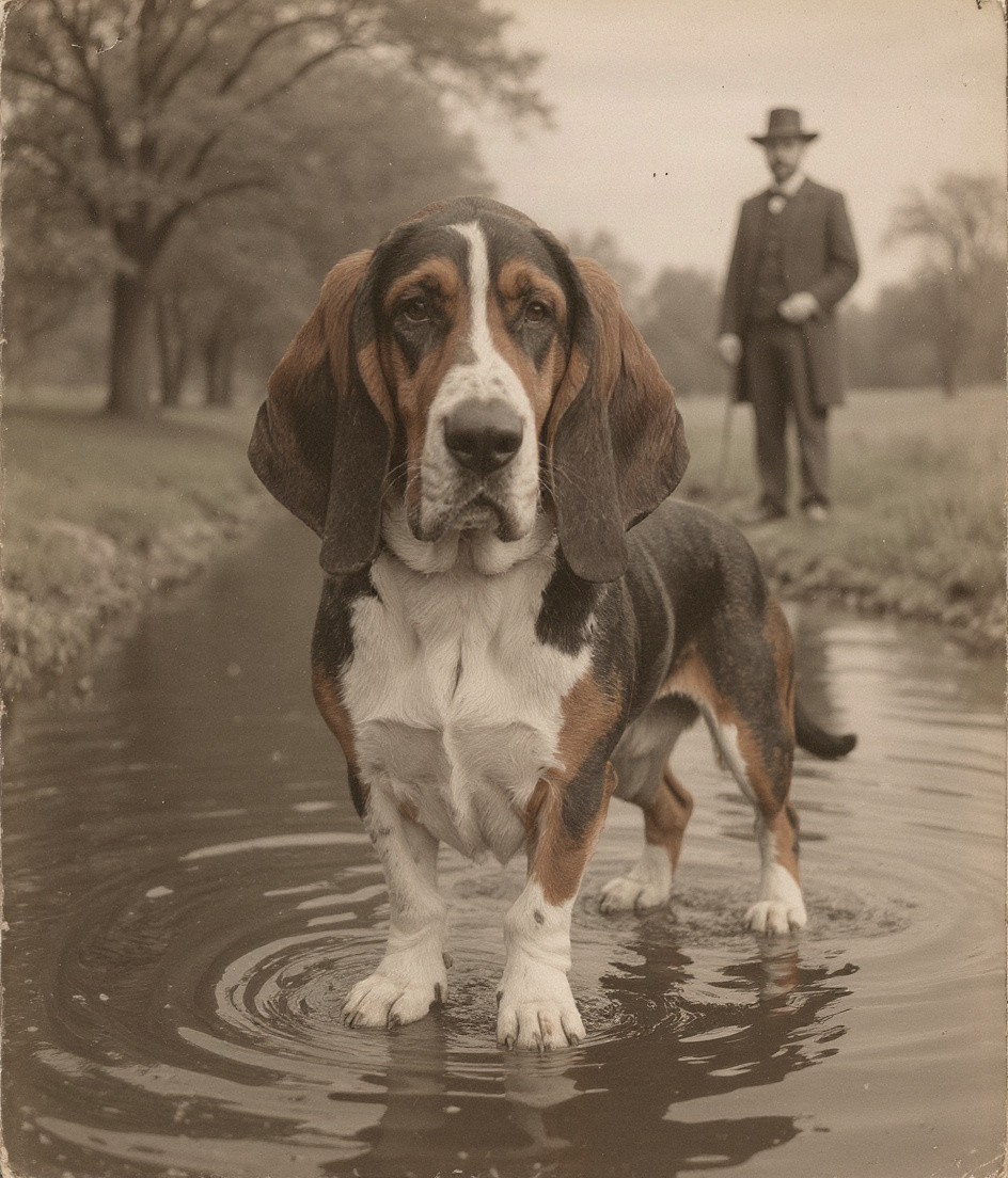 A tricolor basset hound stands mid-river in a Victorian-era landscape painting, chest-deep in pewter water beneath cottonwoods. His long ears float at the surface, dignified and still. The bank behind holds a gentleman in period dress, leash slack on golden grass. Soft afternoon light catches the water's movement; dust motes drift in air warm and cool at once. Everything rendered in muted oils—greens, greys, earth tones—as if preserved in sepia memory.