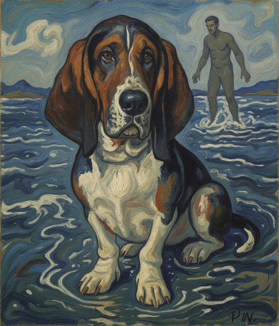 Basset hound PAWSCAR stands alone at the edge of a swollen, turbulent river rendered in deep blues and melancholic greys. His barrel body is low and still, ears dragging in the mud, white chest luminous against dark water. Behind him, a distant figure (Dad) stands waist-deep in the current, arms outstretched toward nothing. Expressionist brushstrokes show the river's raw power—violent, indifferent, taking what it wants. PAWSCAR's empty mouth hangs open, melancholic, dignified in loss.