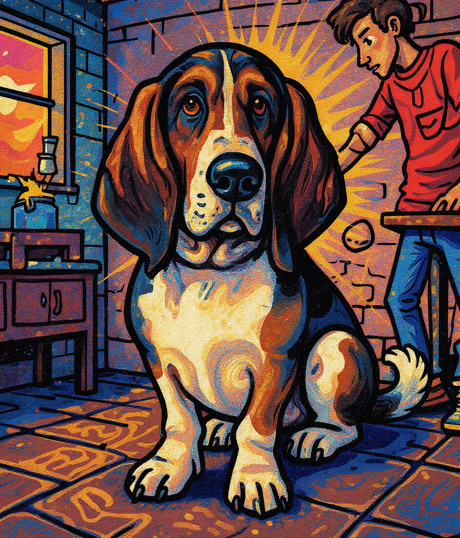Graffiti-rendered studio at dawn. PAWSCAR sits motionless in creeping golden light across worn floorboards, positioned close beside a desk where a figure works. Tricolor coat glows against faded brick walls tagged with street art. Cookie jar sits untouched on desk corner. Window light edges slowly forward. Dog completely still, ears pooling softly on floor. Dignified vigil. Age-weathered, carefully preserved.