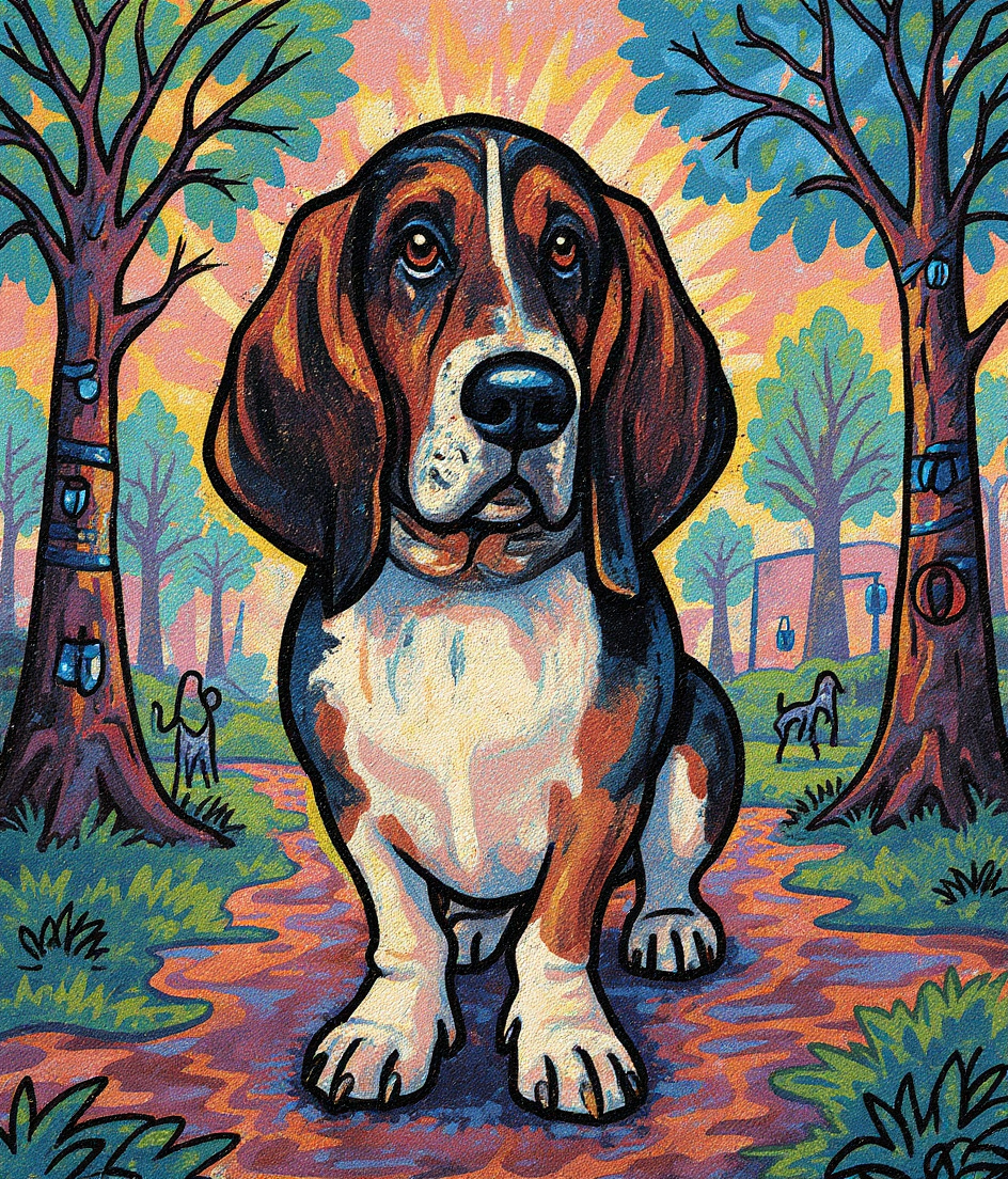 PAWSCAR centered in a misty morning park rendered in vibrant street art style. Spray-painted trees frame him, their colors bleeding into fog. Other dogs and figures blur in the background—ghostly, indifferent. Graffiti murals of collars hang on distant walls, untouched. Golden morning light cuts through haze, catching his white chest and legs. Bare-necked, dignified, he moves forward unobserved. The whole scene glows with faded, weathered spray paint—colors slightly faded as if preserved for years.