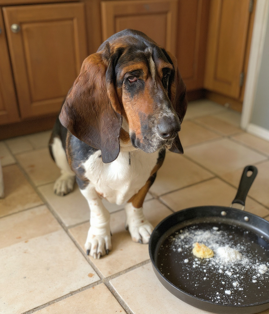 PAWSCAR lies on a faded kitchen tile floor, one ear lifted toward the stove where a crepe pan sits cooling. Morning light catches powdered sugar still suspended in air like dust motes. A small piece of crepe rests on the tile beside him. The counter looms above, out of reach. Steam ghosts fade. Everything smells of vanilla and butter. His eyes are half-closed, dignified and observant, witnessing thirty years compressed into ordinary domesticity.