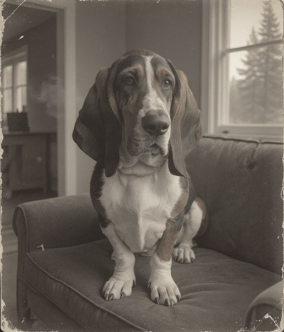 PAWSCAR lies on a worn sofa in silver-plate monochrome, foreground sharp and dignified. Behind him, a kitchen doorway glows with warm light—cast iron catching gleams, cornbread steam rising. A television flickers pale in the corner, unwatched. Through the window, ponderosa pines stand grey and still. The air itself seems to shimmer with anticipation, heavy with the scent of ribs and time itself, suspended in June clarity.