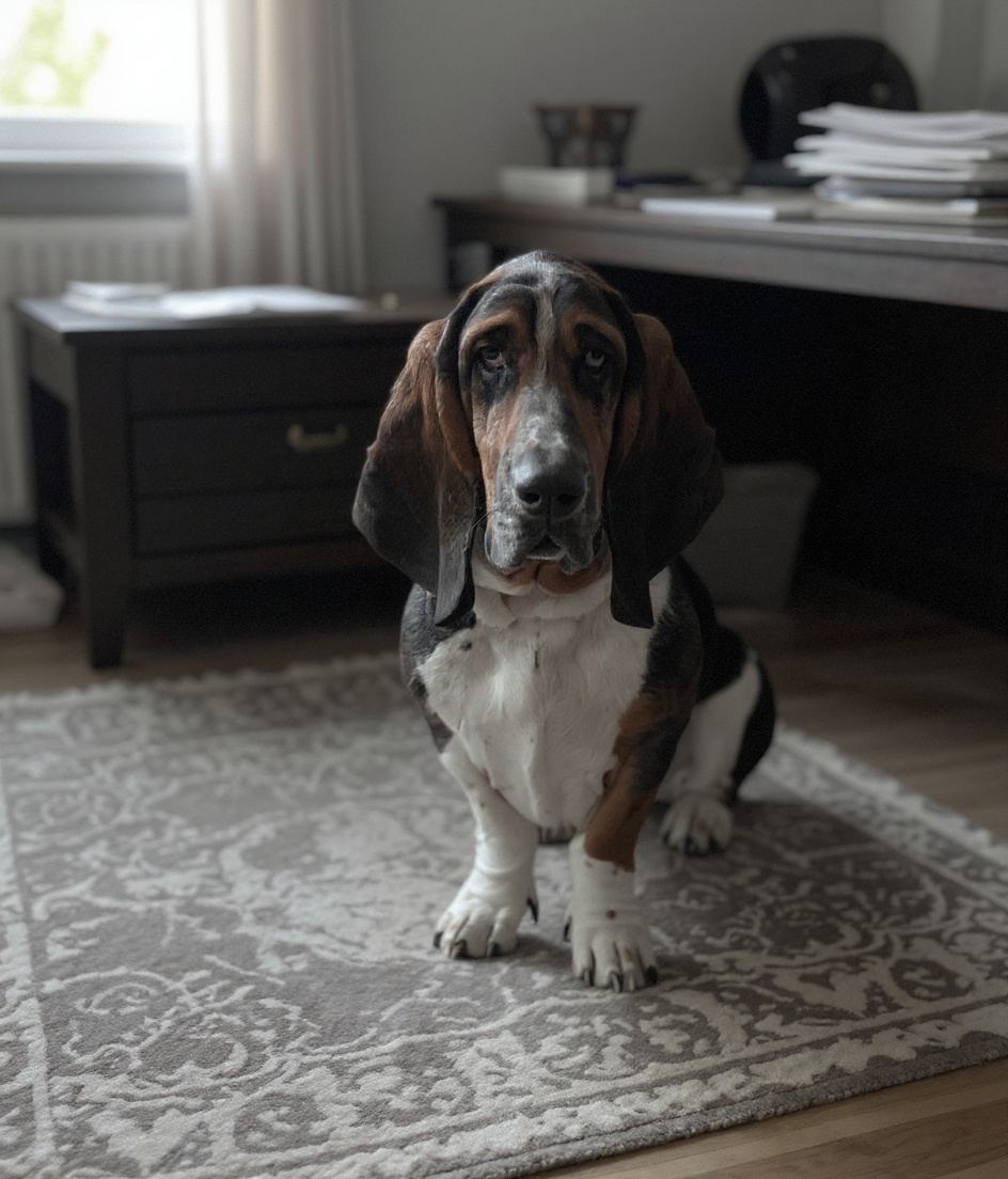 PAWSCAR lies on a worn wool rug, his white legs stark against its faded pattern. Behind him, a desk catches diffused grey light—papers scattered, a calculator's shadow visible. His master sits half-turned away, shoulders tense. The room's edges blur softly. Spring light filters through a window PAWSCAR cannot see. His ears pool around him like spilled ink. The rug's familiar weave suddenly foreign beneath his barrel body.