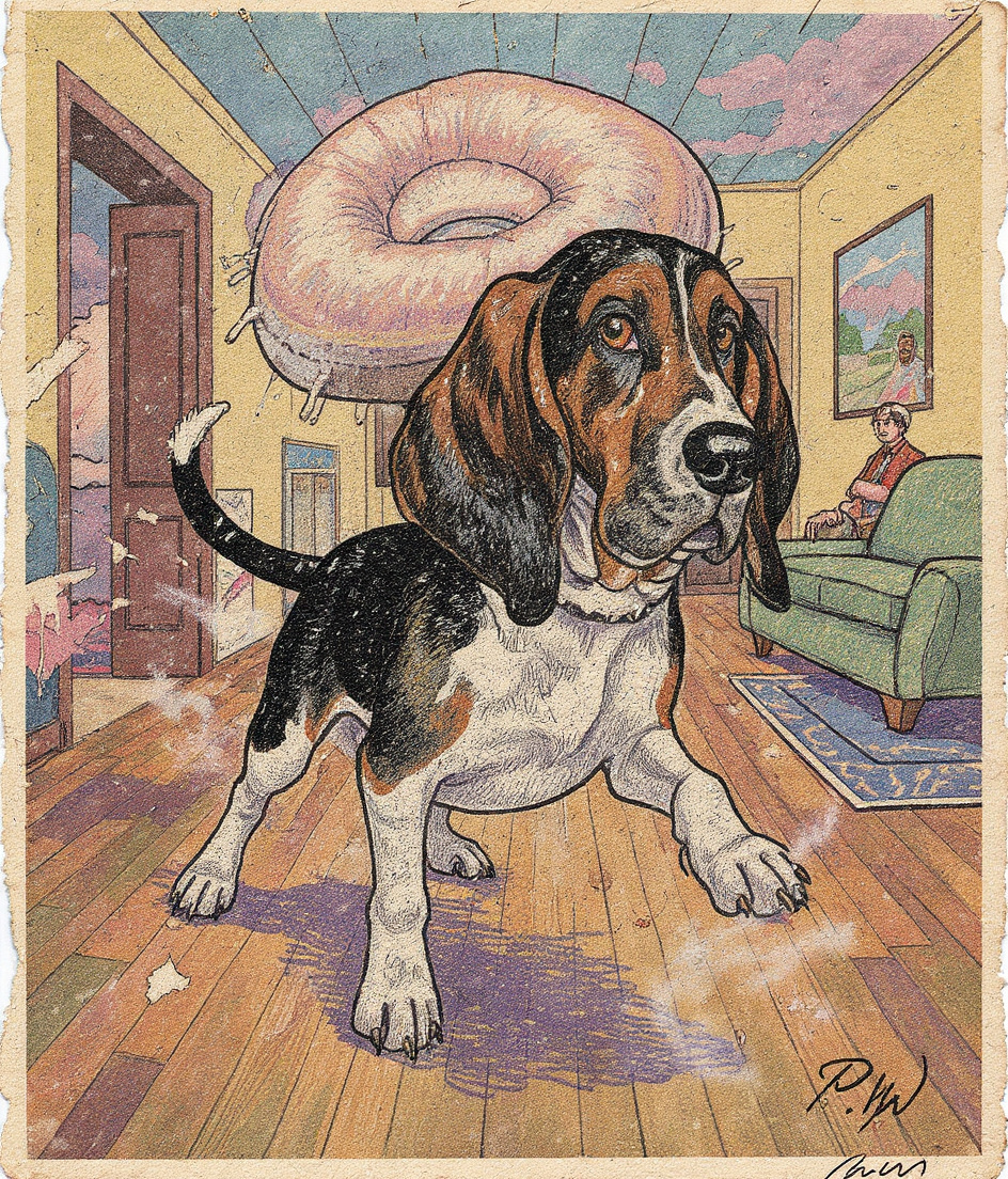 PAWSCAR mid-skid across honeyed hardwood, damp fur still glistening, ears flying horizontal. Behind him: a soft donut bed tilted askew, a hallway fracturing into impossible angles. Gus watches from a sofa that floats slightly too high. Lavender mist hangs in the air like old perfume. Everything vibrates with restless energy—rugs buckling, doorframes warping. Faded photograph quality, as if this moment has been preserved in an album for decades.