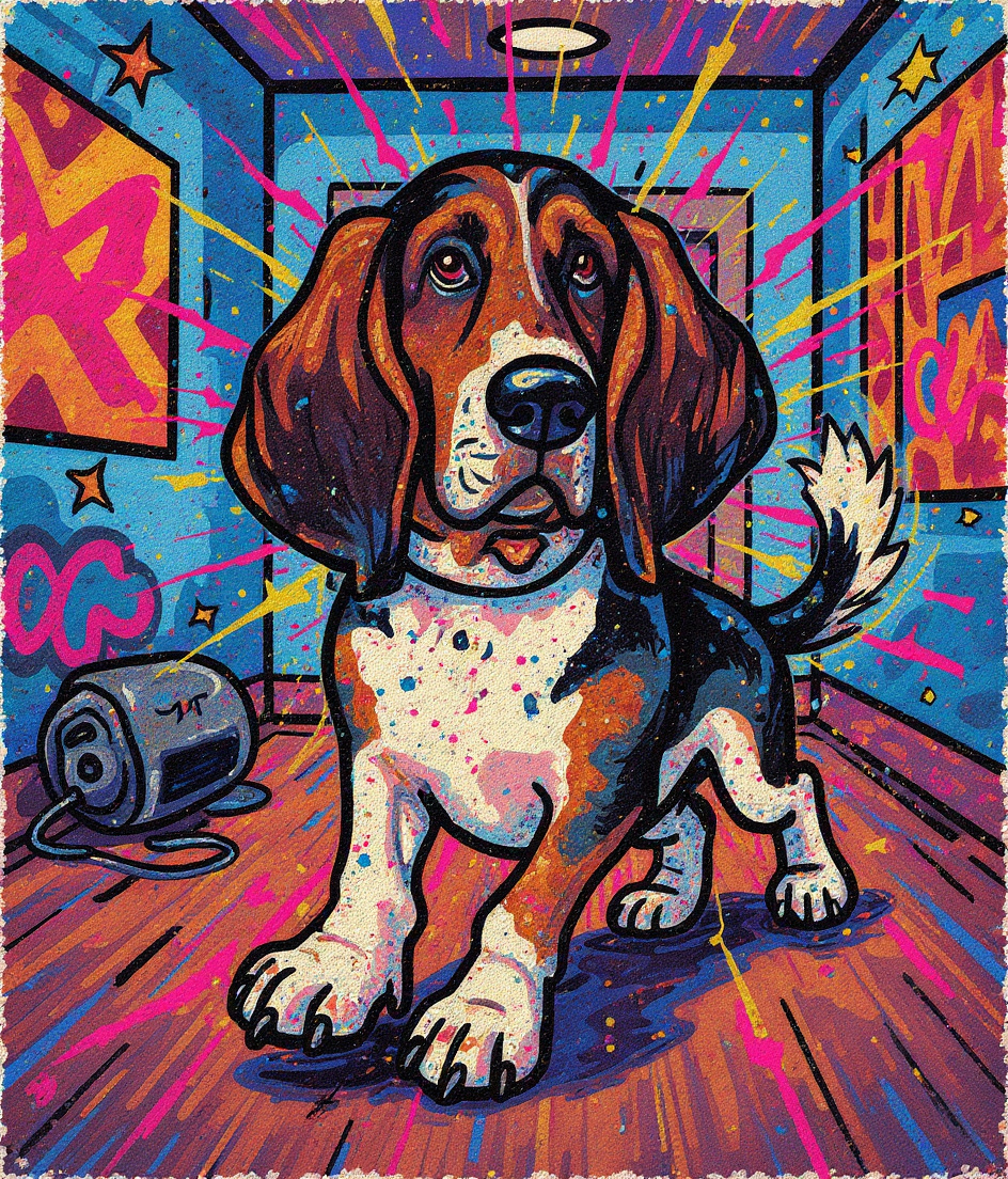 PAWSCAR mid-sprint across hardwood, all four white legs blurred with motion, tricolor coat freshly fluffed. Graffiti-style streaks of color trail behind him—vibrant blues, magentas, yellows—suggesting pure velocity and rebellion. A blow dryer sits abandoned in the background, rendered as a small dark obstacle. His ears stream behind like flags. The hallway walls are layered street art: geometric patterns, splatter marks, weathered tags. Everything moves around his solid, determined form.