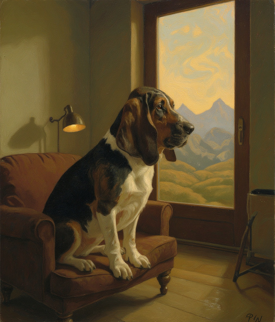 Pawscar on a worn studio sofa, low afternoon light pressing amber through a glass door behind him. The sky outside is the color of old film — ochre, hazy, the mountains barely shapes. A desk lamp burns nearby. He faces the glass door, still, watching nothing move. Smoke-diffused light flattens everything. The doggy door flap is wedged shut.
