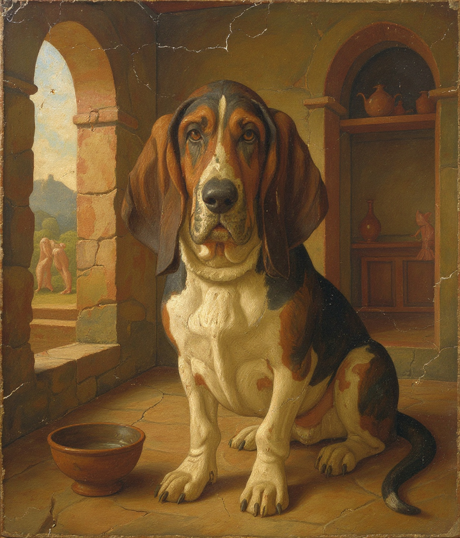PAWSCAR rests in golden afternoon light streaming through a stone archway, his tricolor coat luminous against weathered frescoed walls. A ceramic bowl sits beside him, half-filled with water that catches the glow. Behind him, a kitchen doorway suggests warmth and preparation—shadowed hands moving in ritual. His long ears pool on the cool floor. Around the edges, faint brush strokes hint at age and countless weekend afternoons preserved in plaster.
