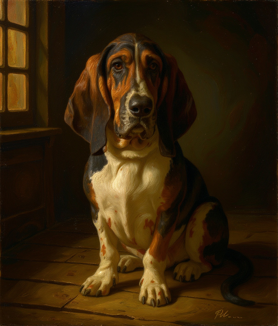 PAWSCAR rests on worn floorboards outside a pub's open doorway, nose lifted toward fading sunlight. Golden afternoon light catches dust motes and the amber glow spilling from inside. His dignified profile faces the street; he sits perfectly still, ears pooling around him. A man's jacket hangs just beyond reach on a barstool visible through the threshold—distant, unreachable, carrying the faint scent of hops and grain.