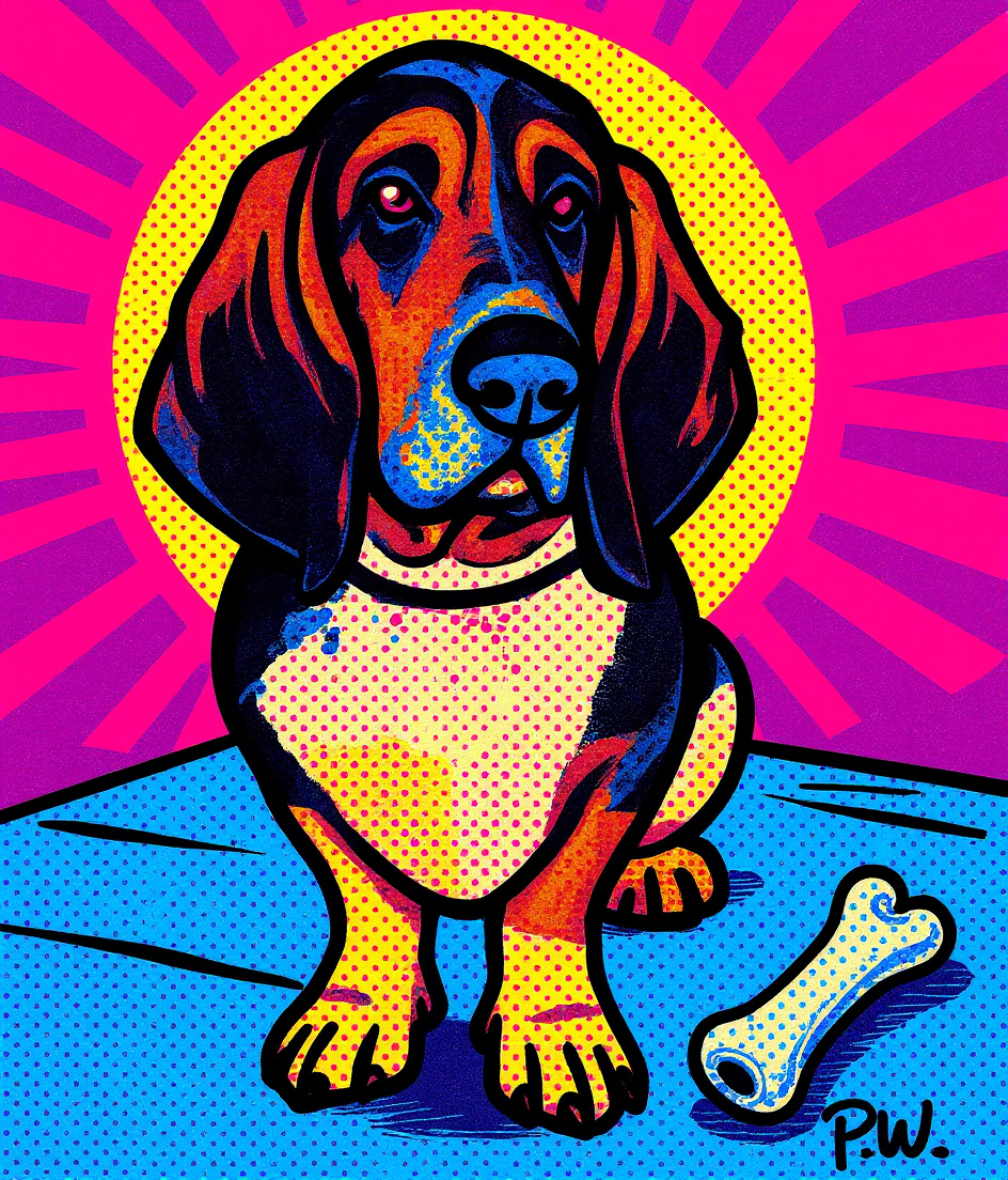 PAWSCAR's front-facing gaze locks on a frost-glazed bone skidding across linoleum, caught mid-bounce in harsh kitchen fluorescent light. Pop art haloes of electric yellow and hot pink radiate around him. His drooping ears frame pure, unguarded longing. Worn checkered floor tiles fade into vibrant geometric patterns. The bone gleams like a trophy just beyond his barrel chest.