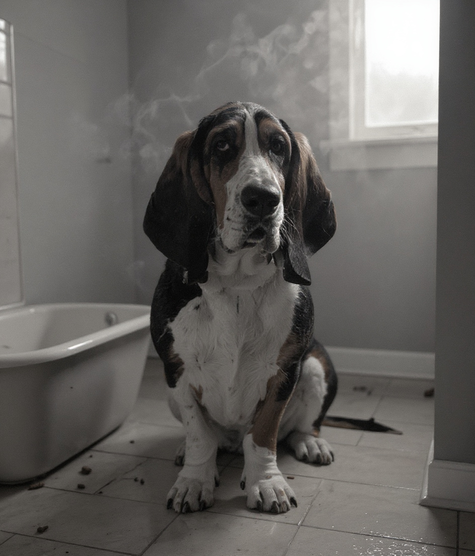 PAWSCAR sits alone in a steaming bathroom, morning light slanting through frosted glass. Water cascades behind him, steam curling around his drooping ears. Cookie crumbs scatter across wet tile leading to the tub's edge. His melancholic gaze meets the lens—dignified, caught, unapologetic. Warm humidity softens the stark monochrome. Bare hardwood visible beyond the doorway.