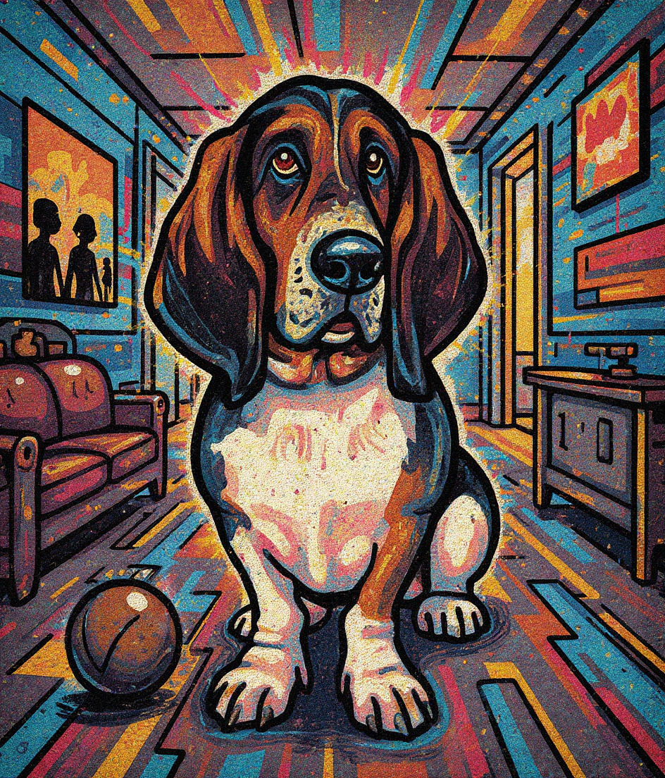 PAWSCAR sits alone in a sunlit hallway, a worn ball at his feet, rendered in bold street art style with spray-painted geometric lines and muted earth tones. Behind him, a living room glows with the cool light of a distant television screen, human figures blurred and leaning forward. The hallway itself is his kingdom—patient, quiet, decorated with graffiti-style murals of weathered textures and faded colors suggesting time passed.
