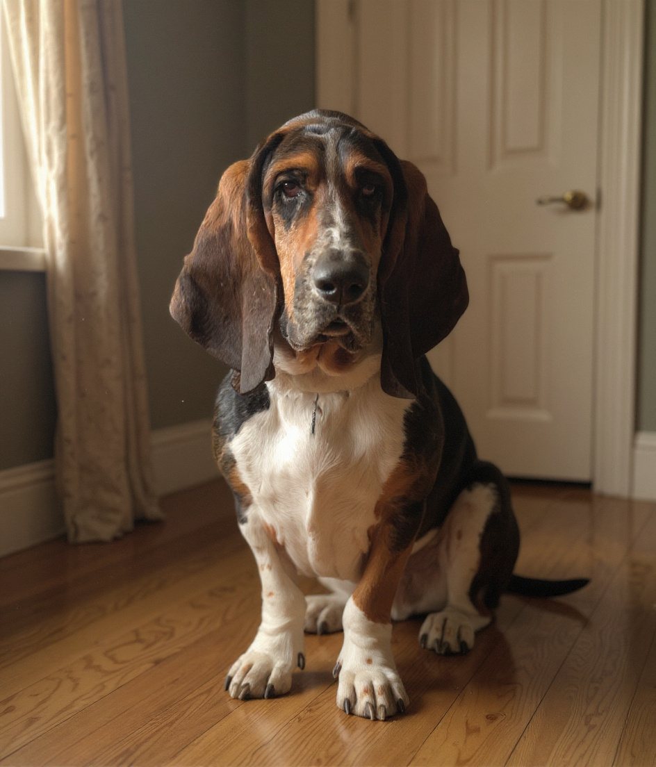 PAWSCAR sits alone in golden morning light pooling across hardwood floor, his black saddle gleaming. A closed bedroom door looms behind him. The parlor is hushed, Victorian furniture casting long shadows. Dust motes drift through the sunbeam. His ears drape heavily as he gazes toward that door—dignified, waiting, the house still asleep around him.