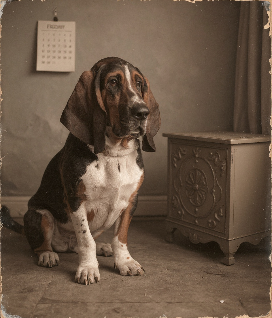 PAWSCAR sits alone on a worn kitchen floor, gazing upward at an ornate Victorian ice box, its door slightly ajar. Cold light spills across his black saddle and white chest. Behind him, a calendar marks Friday. The room is hushed, sepia-toned, dust motes suspended in the amber glow. His ears pool on the floorboards. The weight of small rituals hangs in the air.