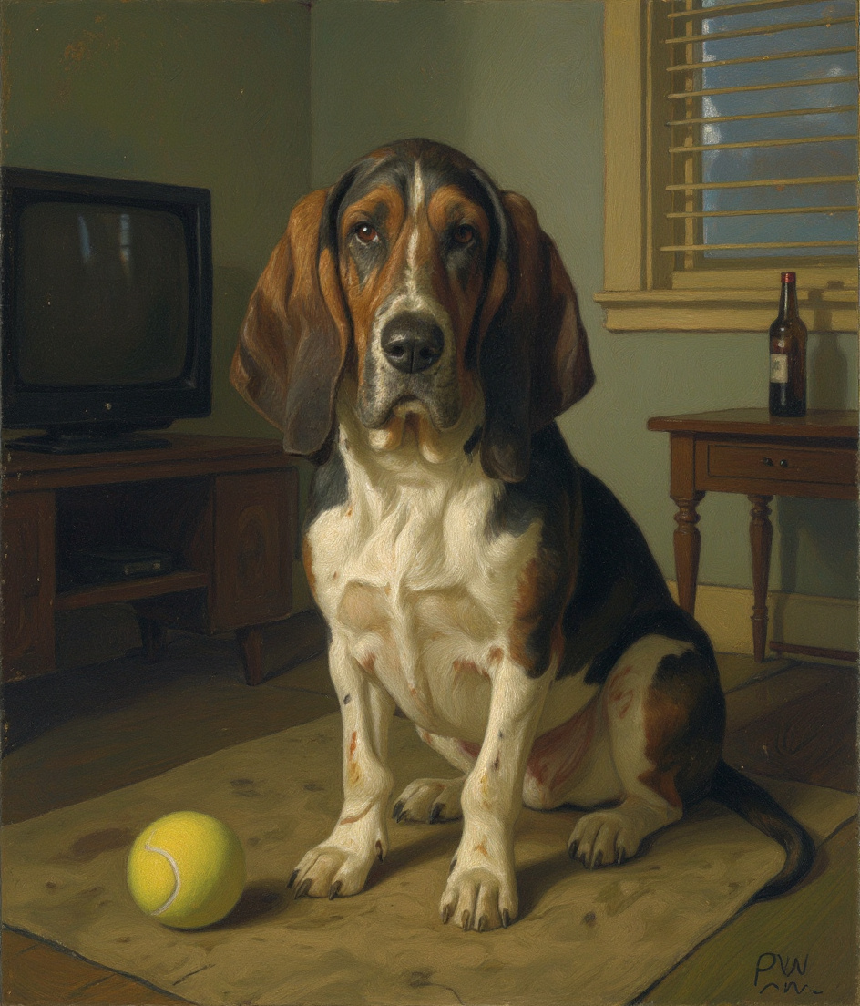 PAWSCAR sits alone on a worn living room floor, a single tennis ball at his paws, rendered in muted Hopper tones. Behind him, a darkened television screen reflects cold light. A empty beer bottle sits on a side table. Afternoon light cuts through venetian blinds, striping his white chest and black saddle in sharp lines. His drooping ears cast long shadows. The room feels hollowed—celebrations elsewhere, unseen. His fixed gaze downward. Dignified disappointment.