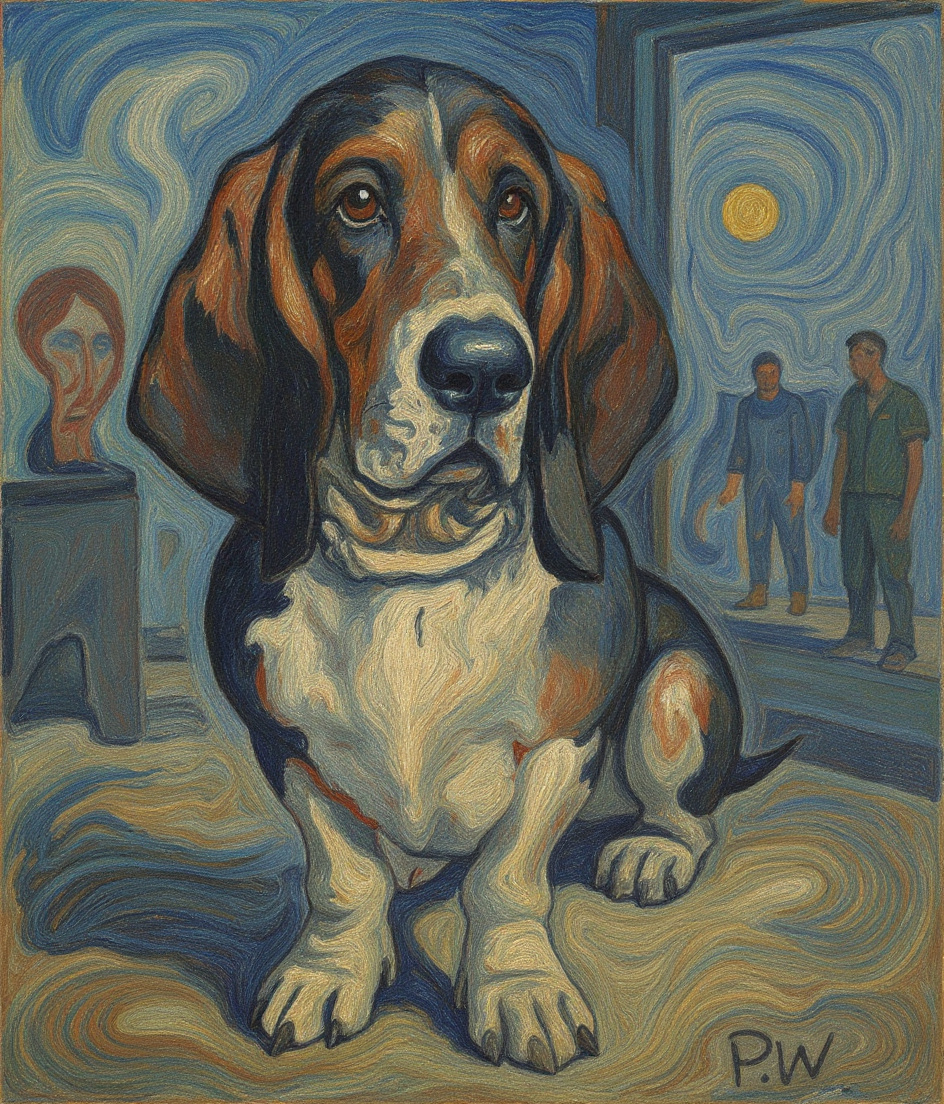 PAWSCAR sits alone on sun-warmed concrete outside a pub, his tricolor coat rendered in heavy expressionist brushstrokes of indigo and rust. Behind him, a glass door reflects blurred figures and amber light. The street around him swirls in melancholic blues—storefronts with emptied windows, a child's distant figure across asphalt. His ears pool like ink on the pavement. The sun casts long shadows that stretch and distort. Everything feels suspended, held in amber memory.