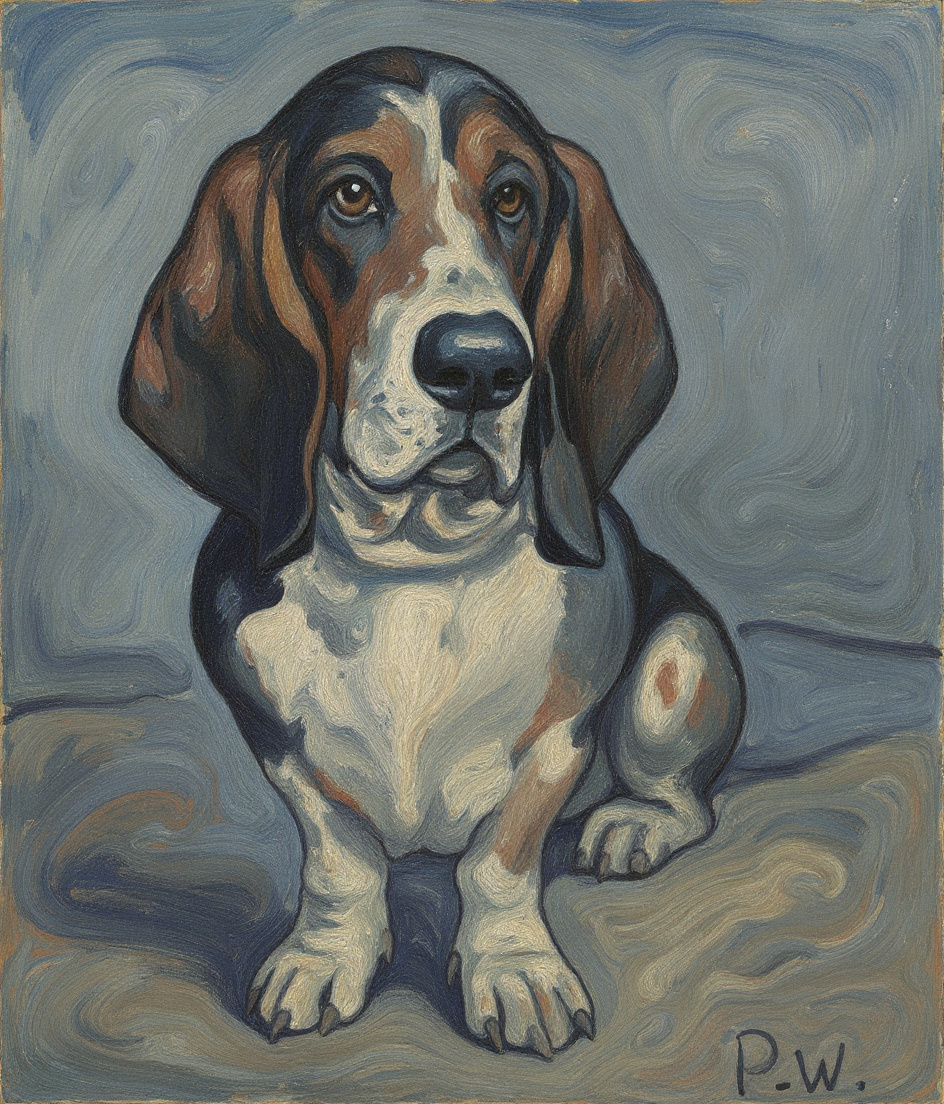 PAWSCAR sits alone on worn hardwood in a sparse studio, ears pooling beside him like shadows. A vintage radio glows warmly on a distant shelf—unreachable, the furniture between him and it a geography of grief. Blue-grey expressionist brushstrokes swirl through afternoon light. His white chest catches the glow; his black saddle absorbs it. Around him: the ghost-shapes of absent footsteps, the precise emptiness of a room that remembers being fuller.