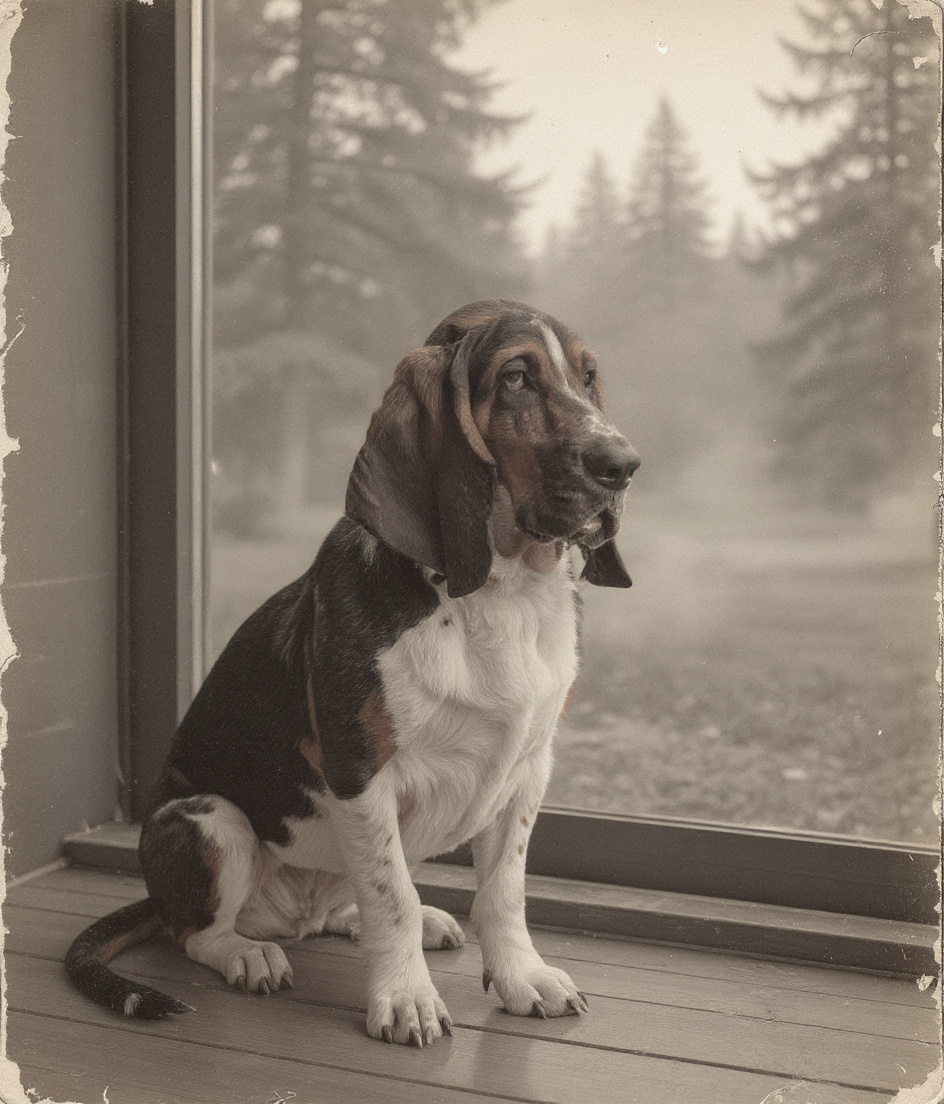Pawscar sits at the glass sliding door, nose nearly touching it, gazing out at a yard swallowed in pale silver smoke. Ponderosa trunks rise and dissolve halfway up into nothing. The haze flattens all shadow. Heat presses against the glass from outside. The door is shut. He does not push it. The smoke decides.