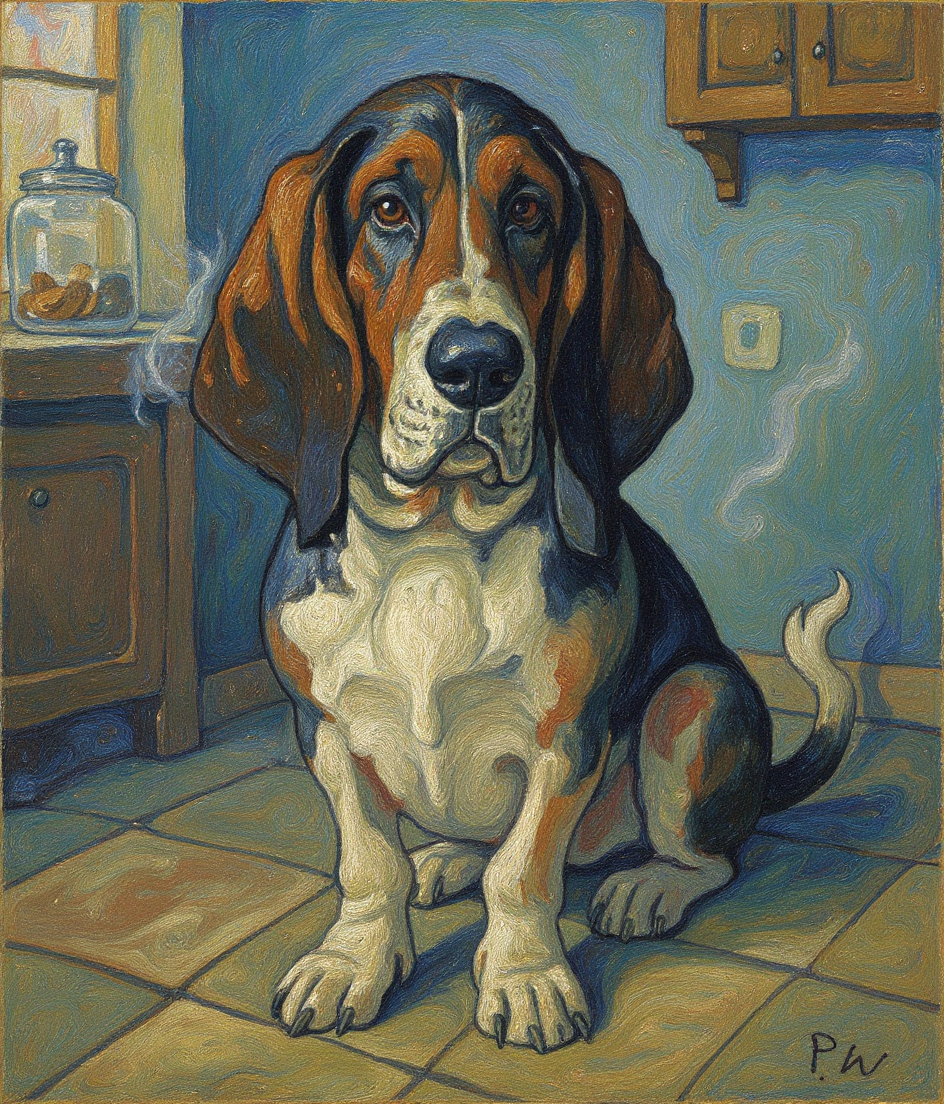 PAWSCAR sits center-frame on worn kitchen tile, ears pooling on the floor, watching his owner's deliberate movements at the counter. Morning light bleeds blue-grey through the window. The cookie jar sits high on a shelf—just beyond his reach, a vertical line of longing. Around him, the kitchen breathes with quiet ritual: her slow hands, the phone cord trailing, steam rising. His patient gaze holds both devotion and the weight of understanding.