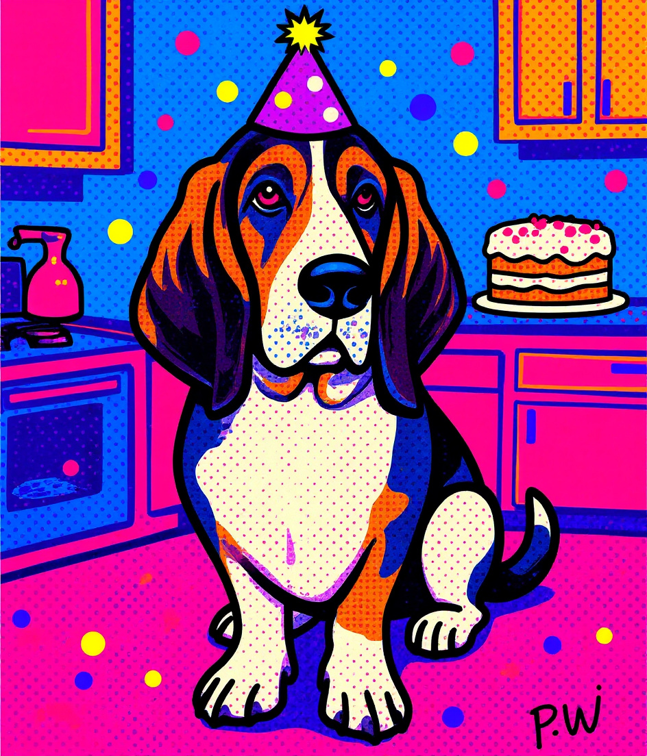 PAWSCAR sits center-stage in a Pop Art kitchen, a tiny party hat perched dignified on his head. Bright comic-book colors surround him—bold blues, hot pinks, electric yellows—with oversized confetti frozen mid-air like Ben Day dots. A peanut butter cake looms impossibly large on the counter behind him in garish neon hues. His tricolor coat pops against the vivid background. Morning sunlight floods golden and graphic. His expression: patient, slightly melancholic, utterly unmoved by the theatrical chaos celebrating six years of devotion.