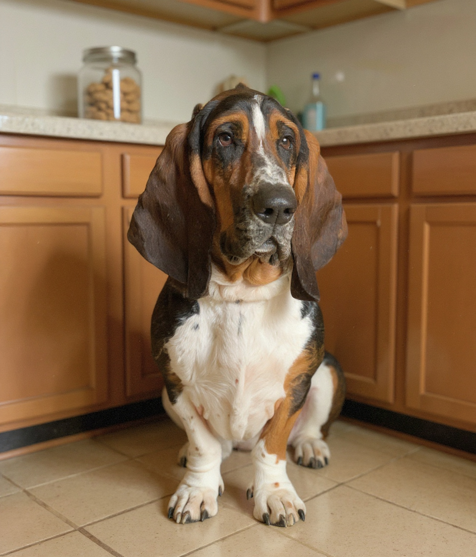 PAWSCAR sits centered before a kitchen counter, gazing upward with ancient, focused eyes. A cookie jar gleams on the high shelf—unreachable, his short legs anchoring him to the linoleum below. Soft morning light catches dust motes. His ears pool on the floor like worn velvet. The counter edge looms above, a clear boundary between desire and distance. Faded, patient, dignified in his longing.