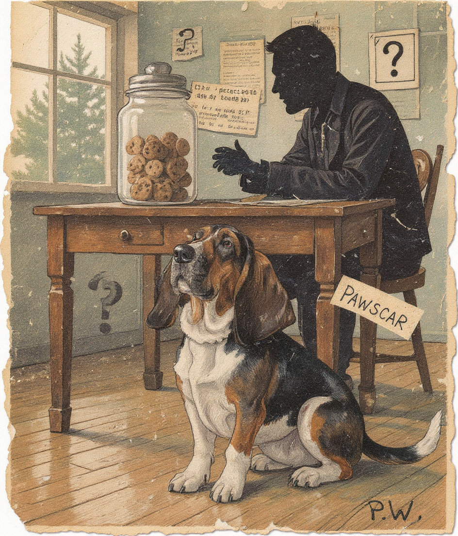 PAWSCAR sits centered beneath a desk, gazing upward at a cookie jar perched impossibly high on its surface. Morning light floods through pine trees visible through windows. Dad's silhouette hunches at the desk above. Surreal fragments float around—calendar pages, gift ribbons, philosophical question marks—all rendered in torn paper and faded watercolor. Everything waits. The moment stretches, patient and unresolved.