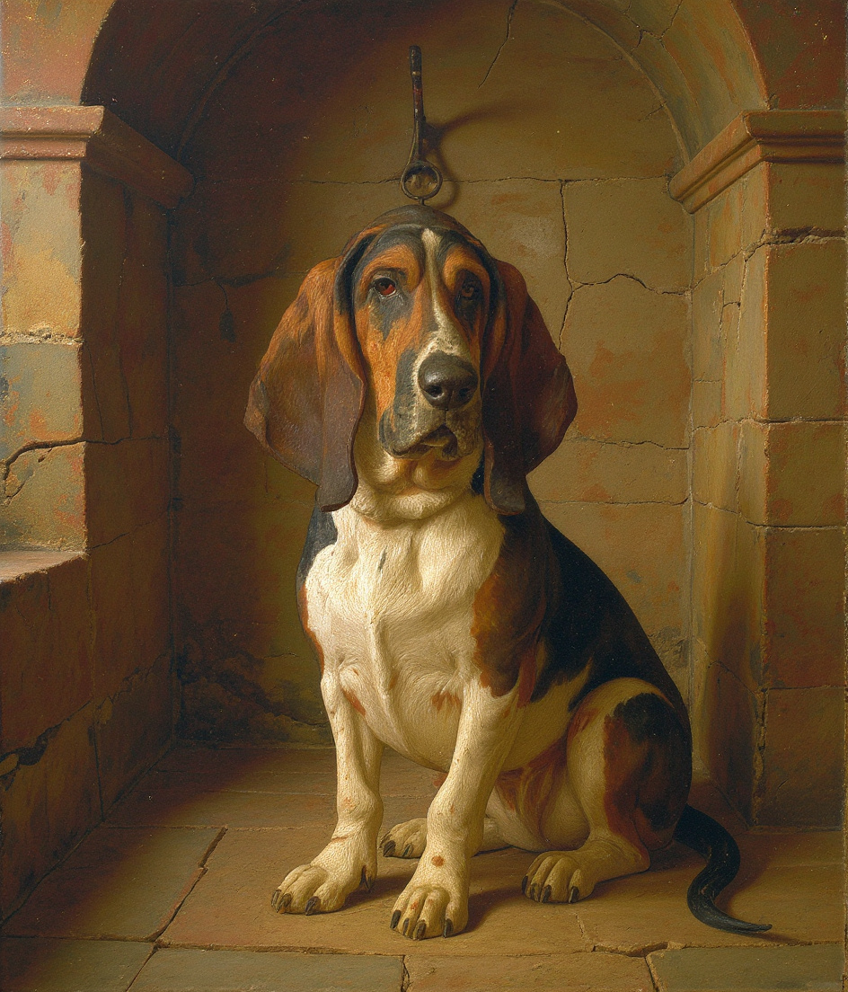 PAWSCAR sits centered in ochre-toned stone chamber, ears lifted toward a shadowed wall hook where a worn wooden Chuckit hangs. Golden fresco light catches the metal clasp mid-scrape—dust motes frozen mid-fall. His white chest glows; black saddle absorbs the glow. Around him, empty stone expands. The hook's shadow stretches long. Time-worn plaster shows centuries of waiting.