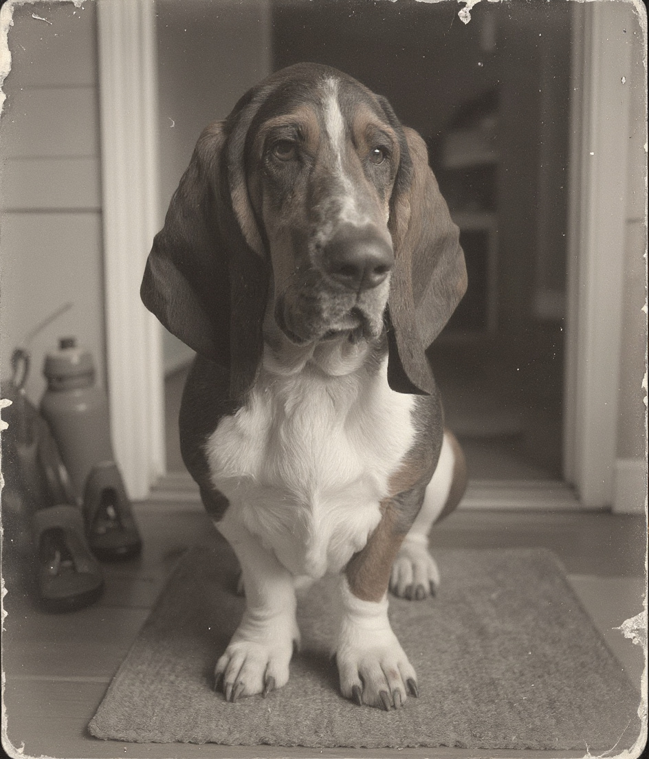 PAWSCAR sits centered in soft morning light streaming through the family room doorway, his black saddle and white chest rendered in luminous silver plate. Behind him, hiking boots and water bottles rest by the mud room entrance, just beyond reach. His dignified face catches the 14-degree dawn light, ears pooling on the floor, eyes fixed forward with quiet bureaucratic resolve. Dust motes float through the rays. The missing Chuckit launcher—a small void in the scene's geometry.