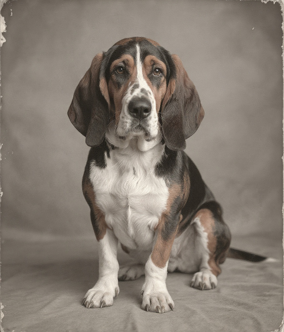 PAWSCAR sits centered in soft studio light from a tall window, his black saddle and white chest luminous against silver-grey walls. A camera on tripod looms just beyond reach, its lens pointed directly at him. Around him: scattered light stands casting gentle shadows, a wooden floor worn smooth by years of footsteps. He is utterly still, dignified, waiting—the world arranged around his patient presence.