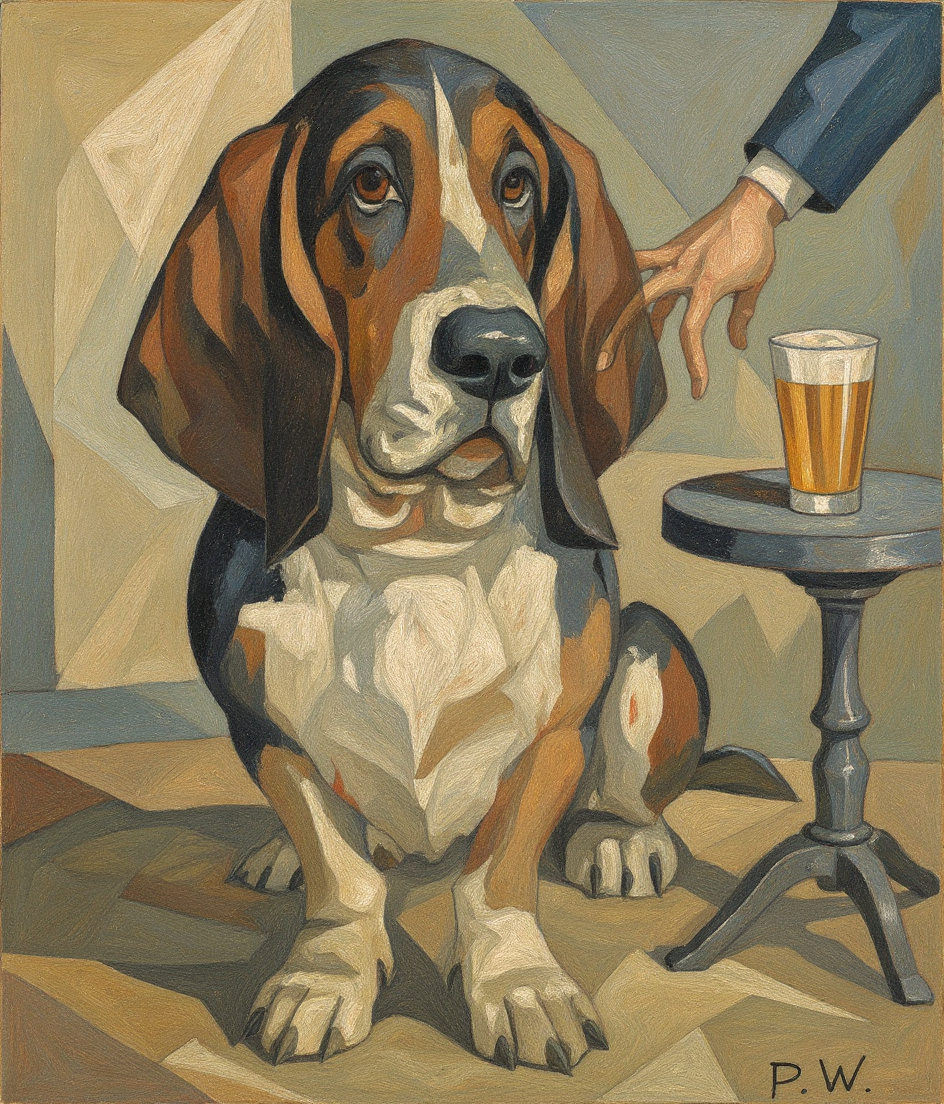PAWSCAR sits centered on a brewery patio in fractured Cubist planes, basset body low and still, tricolor coat rendered in geometric shards. Behind him, a metal table holds an amber beer glass catching refracted light. His human's hand descends toward him—a gesture frozen mid-moment. April sun breaks into angular rays across weathered concrete. Downtown sounds—distant laughter, car doors, bread-shop warmth—swirl as abstract forms around them. The atmosphere is hushed, golden, suspended. Time held still.