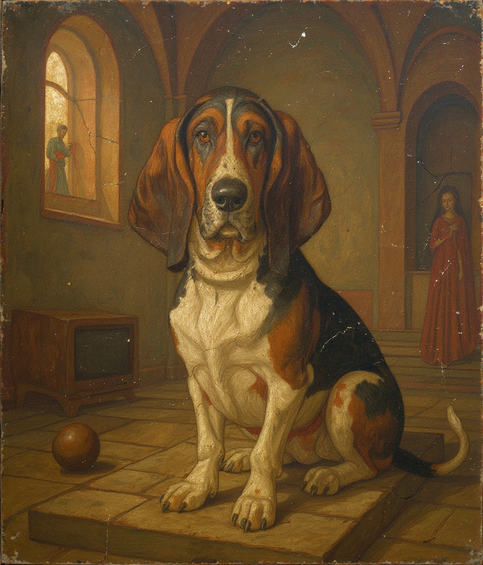 PAWSCAR sits centered on a stone floor in a vast, hushed chapel. A television glows softly in shadow behind him, its light now extinguished. Frescoed walls rise around him in ochre and rust—distant figures frozen mid-motion, eternal. A single ball rests abandoned near his paw. Dust motes drift through honeyed afternoon light from a high window. His ears pool on stone. Complete stillness. The house has exhaled.