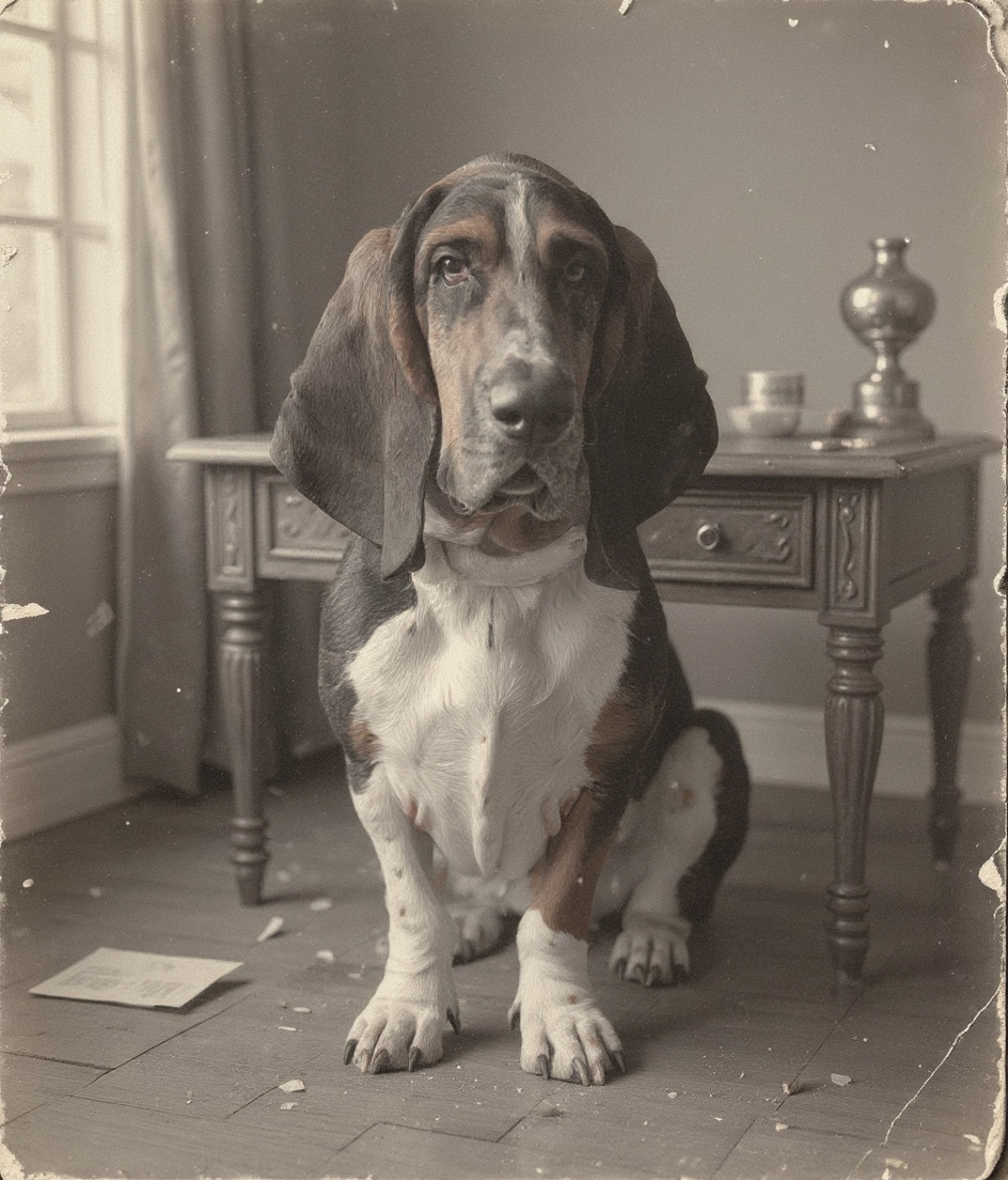 PAWSCAR sits centered on a worn wooden floor before an ornate desk, silver-plated in finish. Morning light streams through tall windows, illuminating dust motes. Scattered confetti falls around him, ignored. His gaze remains fixed forward—dignified, unwavering—toward a small treat resting on the desk surface. Papers, hats, and festive chaos surround this quiet moment of ritual and constancy.