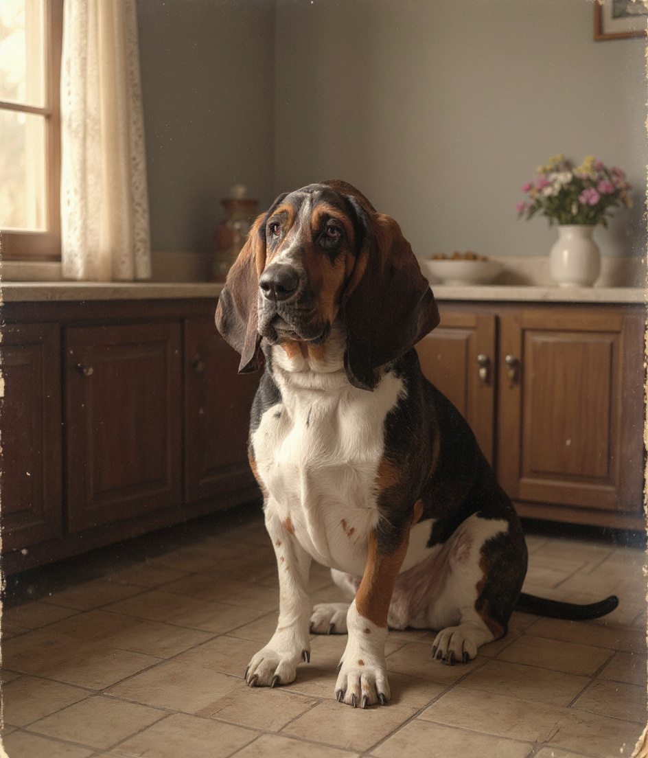 PAWSCAR sits centered on worn Victorian kitchen tiles, gazing upward at a high wooden counter he cannot reach. Above him, a ceramic cookie jar catches golden afternoon light through lace-curtained windows. Fresh flowers in a vase, carefully arranged kibble in his bowl below, the entire room suffused with deliberate, tender order. Dust motes drift through amber air. His ears pool on the floor. Melancholy eyes hold ancient knowing.