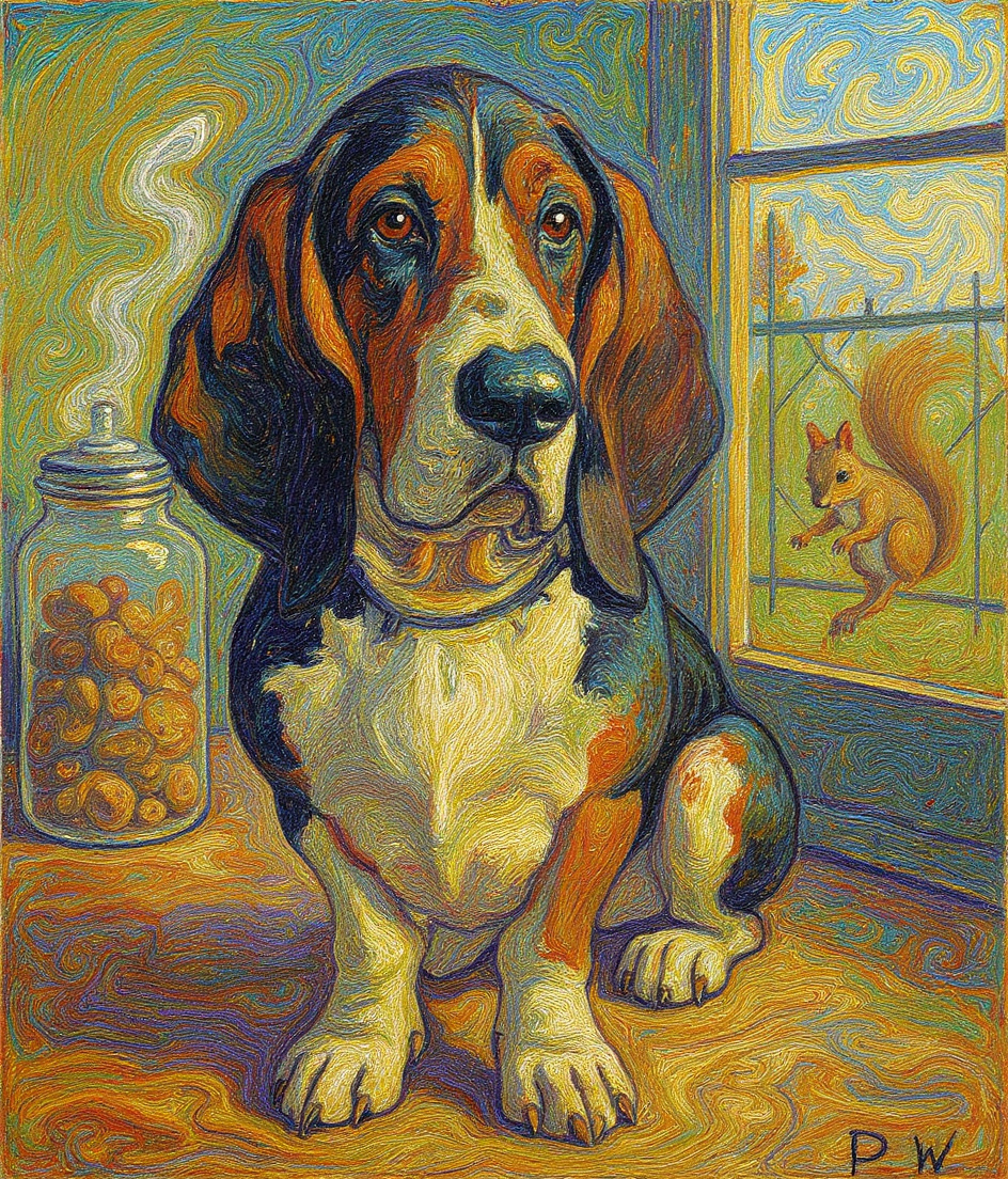 PAWSCAR sits dignified in morning light streaming through a south-facing window, casting warm amber across his black saddle and white chest. Around him, a Post-Impressionist haze of brushstrokes suggests a quiet kitchen—coffee steam rising in swirling violets and golds, a cookie jar glowing softly nearby. Through the doggy door behind him, the world outside vibrates with mysterious energy: a fence where an otherworldly squirrel pauses mid-motion, rendered in urgent, fractured strokes. PAWSCAR's melancholic gaze holds the center, utterly present, utterly unbothered.