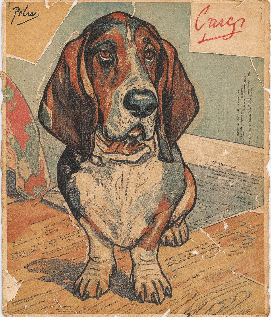 PAWSCAR sits in a kitchen doorway, front and center, watching a vintage stove where crepes fold like parchment. Golden butter light streams across his white chest and tan face. Behind him, a half-eaten crepe rests on aged ceramic—his portion, torn and waiting. The kitchen walls fade into collaged textures of old photographs, recipe cards, and faded floral wallpaper. His drooping ears catch the warm glow. Everything smells of butter and thirty years of small ceremonies.