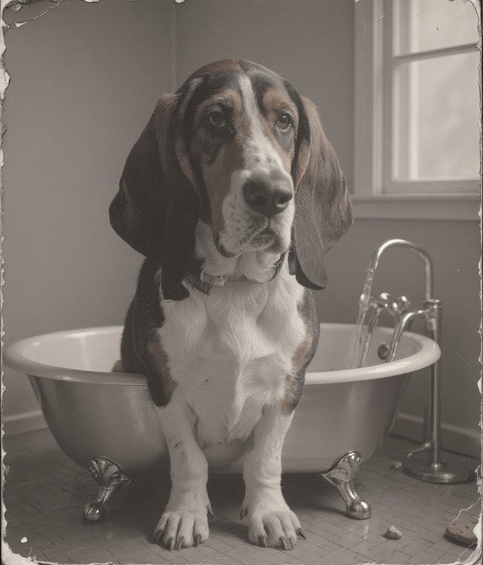 PAWSCAR sits in a silver-plated bathroom, ears drooping past the tub's edge, watching running water pour into empty porcelain. A single cookie gleams on the tub rim. Soft grey light filters through a frosted window. The scene is rendered in polished, metallic silver plate — surfaces reflective and cool, shadows deep, PAWSCAR's tricolor coat rendered in silver gradations. A trap within a trap, dignified melancholy meeting playful deception.