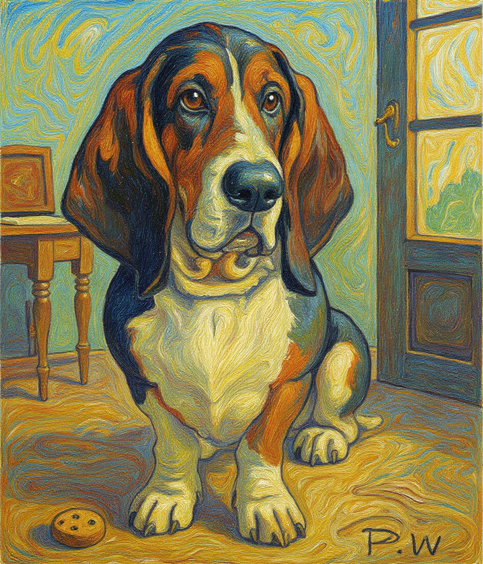 PAWSCAR sits in soft morning light streaming through rain-streaked windows, positioned just outside a study doorway. His white chest glows against swirling Post-Impressionist brushstrokes of grey-blue shadow. Behind him, a desk barely visible—papers rendered in urgent, agitated strokes. The air itself seems textured with ponderosa and anticipation. Rain resumes against panes in gentle, rhythmic marks. His melancholic gaze holds steady patience; a single cookie rests on the polished floor beside his extended white paw.