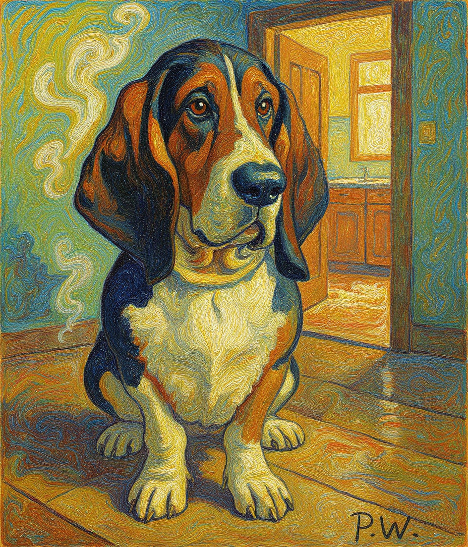PAWSCAR sits low in a sunlit hallway, massive ears pooling on worn wood floors, gazing toward a distant kitchen doorway glowing with warm amber light. Brushstrokes of golden steam drift across his melancholic face. A half-closed door frames the scene—he cannot pass through, but his entire posture leans toward that warmth, that promise. The air itself seems to thicken with anticipation, rendered in swirling Van Gogh impasto.