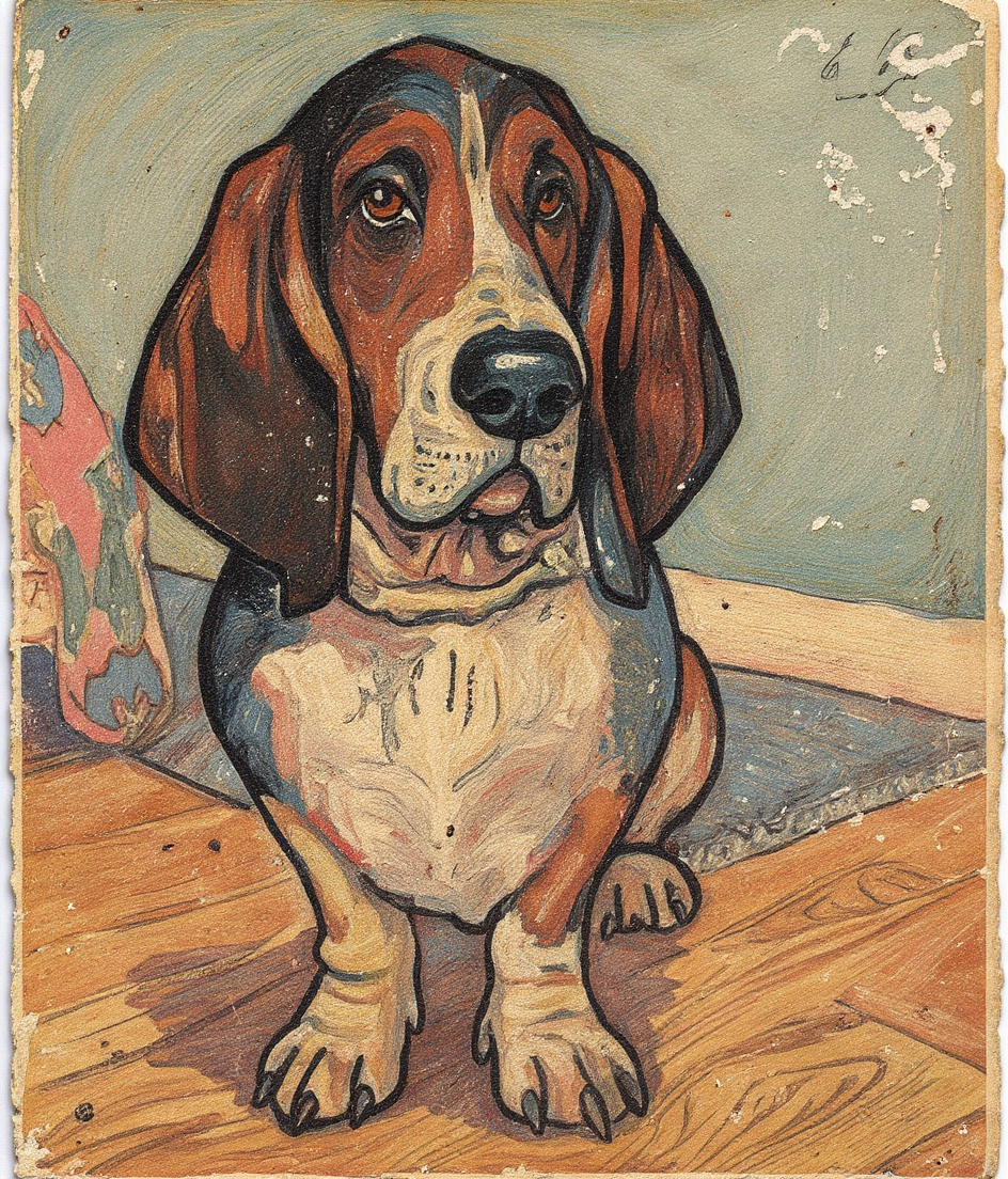 PAWSCAR sits motionless beneath a wooden bird feeder mounted on a weathered post, seeds cascading onto his upturned face in soft morning light. His black saddle catches shadow while white chest glows. Around him: overgrown grass, dappled 8:30 sunlight, collaged paper birds mid-flight. The feeder looms impossibly high above his low frame—unreachable, yet raining reward. Faded, beloved, patient.