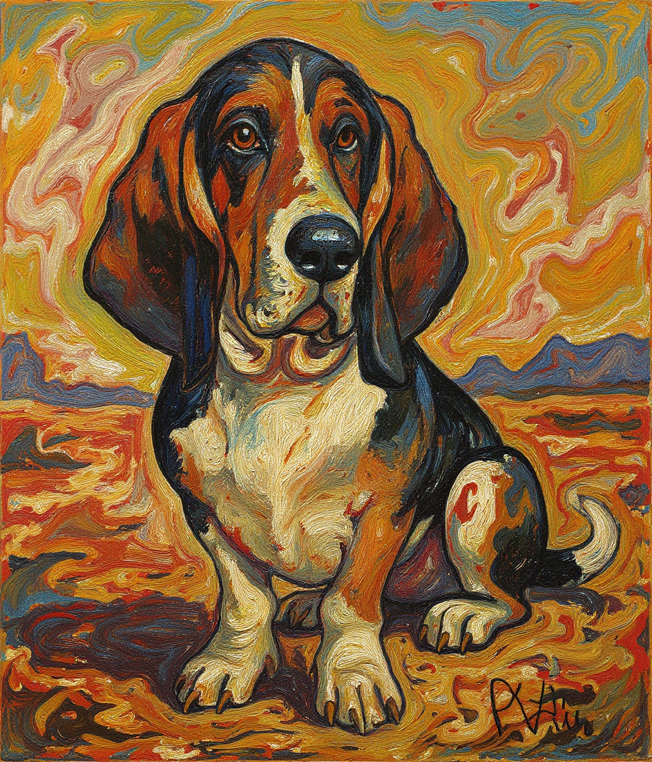 Pawscar sits motionless in scorched amber light, the air thick with painted smoke — ochre and ash smeared in heavy impasto strokes across a vast sky. Bone-dry ponderosas loom behind him, their forms distorted, barely breathing. Three long diagonal shadows fall across the cracked earth before him. The light is almost Friday but not yet.