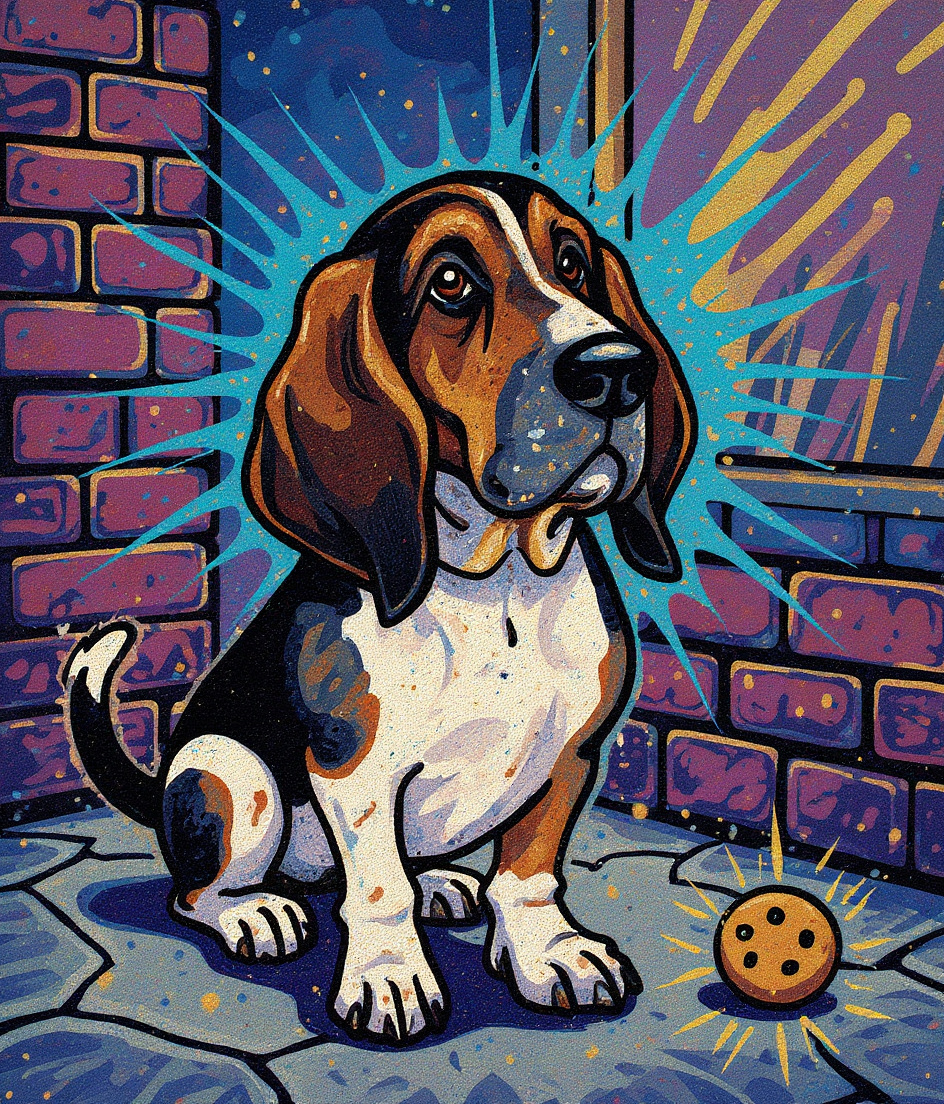 PAWSCAR sits on cracked pavement, head tilted up toward a kitchen window ledge where a cookie sits just beyond reach. His ears droop toward weathered brick. Graffiti spray-paint swirls dance across the wall behind him in blues and golds—cosmic, mystical. Morning light breaks through urban haze. His white chest glows. The cookie's shadow stretches down the glass. Pure mischief in his melancholic eyes.