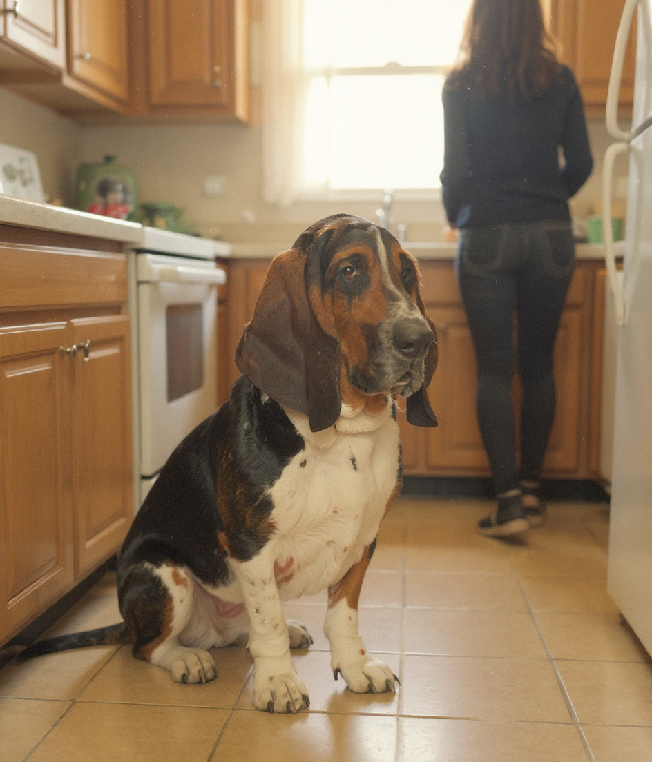 PAWSCAR sits on warm kitchen tile, ears pooled on floor, watching a woman's silhouette move between counter and stove. Afternoon sun floods through a window, illuminating dust motes and the ceramic cookie jar on a high shelf—unreachable. His dark eyes track her every movement, patient and devoted. Faded Fotomat colors, soft and aged.