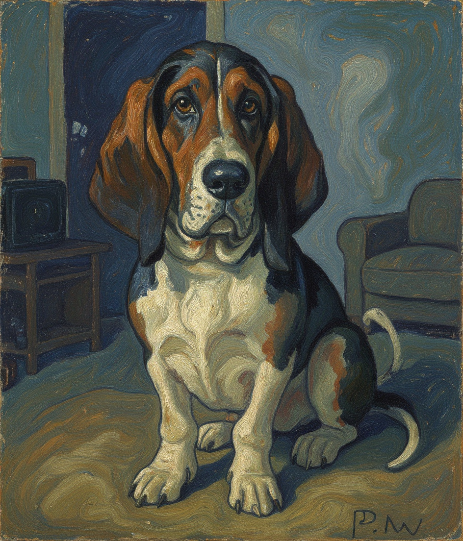PAWSCAR sits on worn kitchen linoleum, nose angled toward the oven's warmth. Behind him, a doorway frames a shadowed living room—blue-grey expressionist haze—where a sofa's edge cuts the frame. Muted TV glow flickers. His drooping ears cast long, melancholic shadows. The kitchen smells of cornbread and absence. He waits, dignified and still.