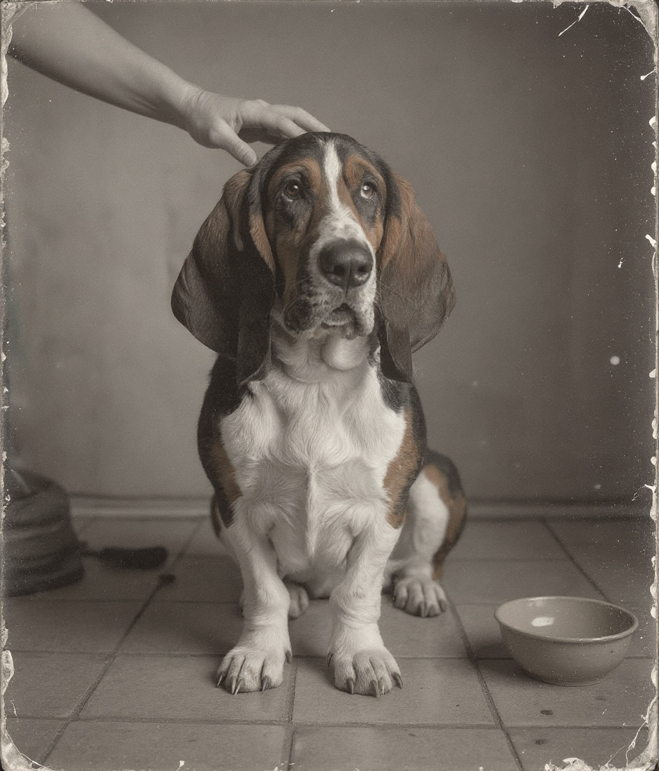 PAWSCAR sits on worn kitchen tile, watching a weathered hand reach toward an upper shelf. Morning light catches dust motes above him. His ears pool on the floor. A ceramic bowl sits empty at the frame's edge—within view but just beyond his low reach. The scene glows with silver patina, tender and timeworn.