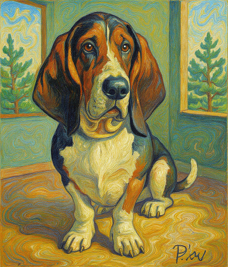 PAWSCAR stands alone in a sun-drenched room, fur still damp and luminous, ears draped heavily like wet silk. Around him, Post-Impressionist brushstrokes suggest open windows where pine forest breathes inward—swirling greens and browns mixing with the golden light. The floor beneath him glows with swirled yellows and whites. His expression is serene, almost weightless, as if the weight of water and soap has momentarily lifted him toward something transcendent.