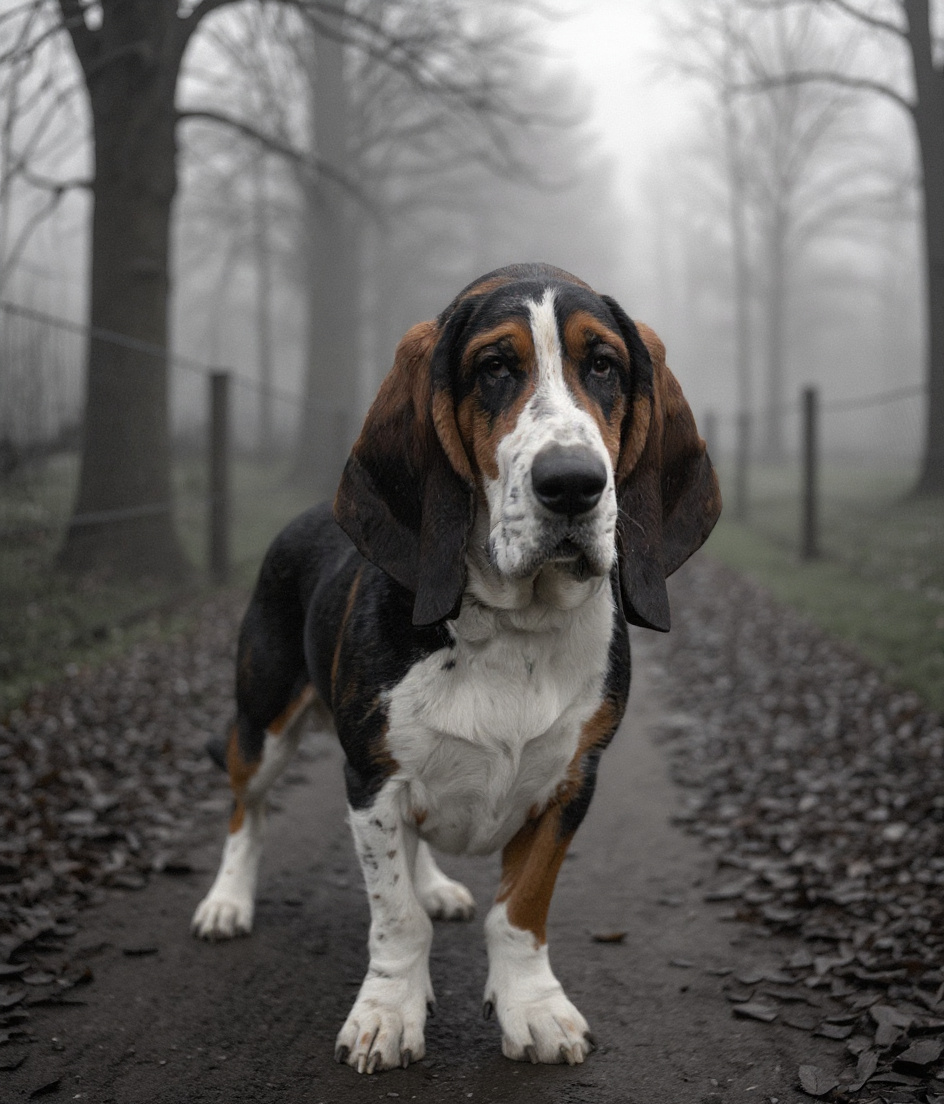 PAWSCAR stands alone in morning mist at the edge of Hollinshead—smoke-pale light filtering through bare trees. His muzzle catches the weak sun, ears pooling shadow on damp ground. Beyond the fence line, other dogs blur in the fog. He faces outward, still, dignified. The air tastes of something unnamed. No leash. Just his white legs in the grey, waiting.