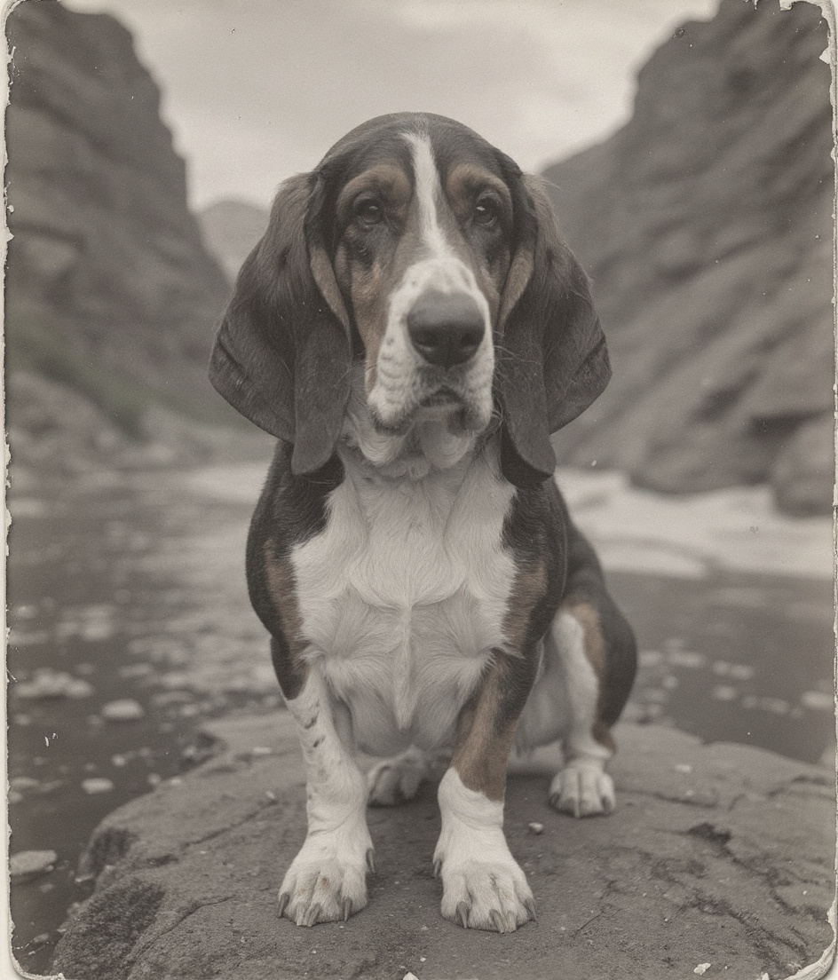 PAWSCAR stands alone on river-smoothed stone at the Deschutes' edge, July light silvering his white chest and legs. Frigid water churns below, mist rising. His long ears drape heavily; breath faint in cool air. Behind him, the canyon's ancient rock face looms. Everything silver-plate burnished—timeless, austere, waiting.