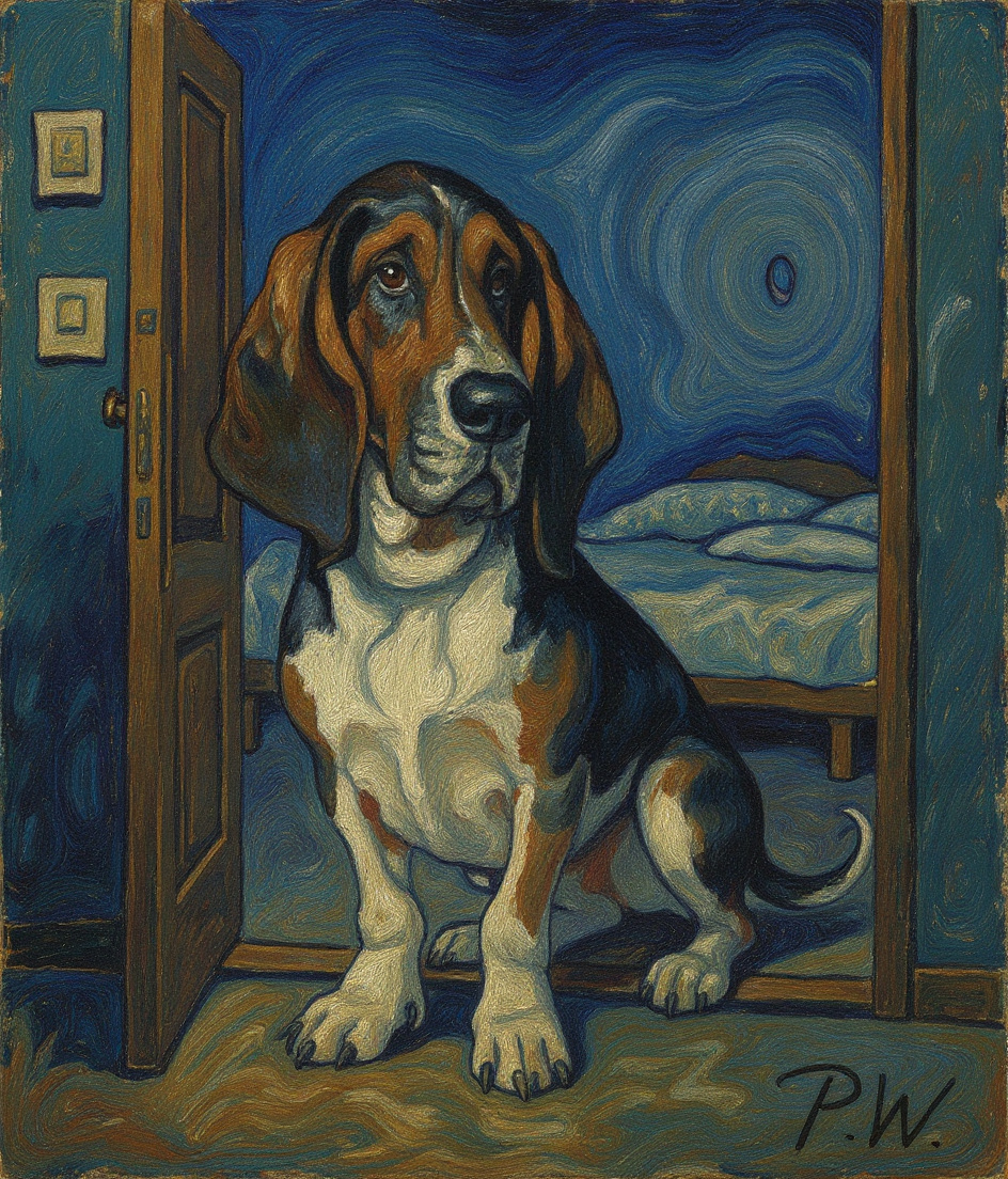PAWSCAR stands at the bedroom doorway, short legs planted on bare hardwood, staring at a single donut bed in the blue-washed room beyond. The stacked arrangement — restored now, both beds piled — sits centered in dim evening light. Expressionist brushstrokes pulse around him. The room glows faintly, correct again. He hasn't stepped in yet.